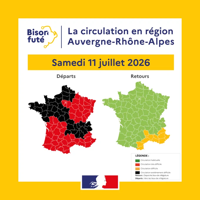Samedi11 juillet 2026, bison futé annoncé noir sur les routes de la Région Auvergne-Rhone-Alpes dans le sens des départs.