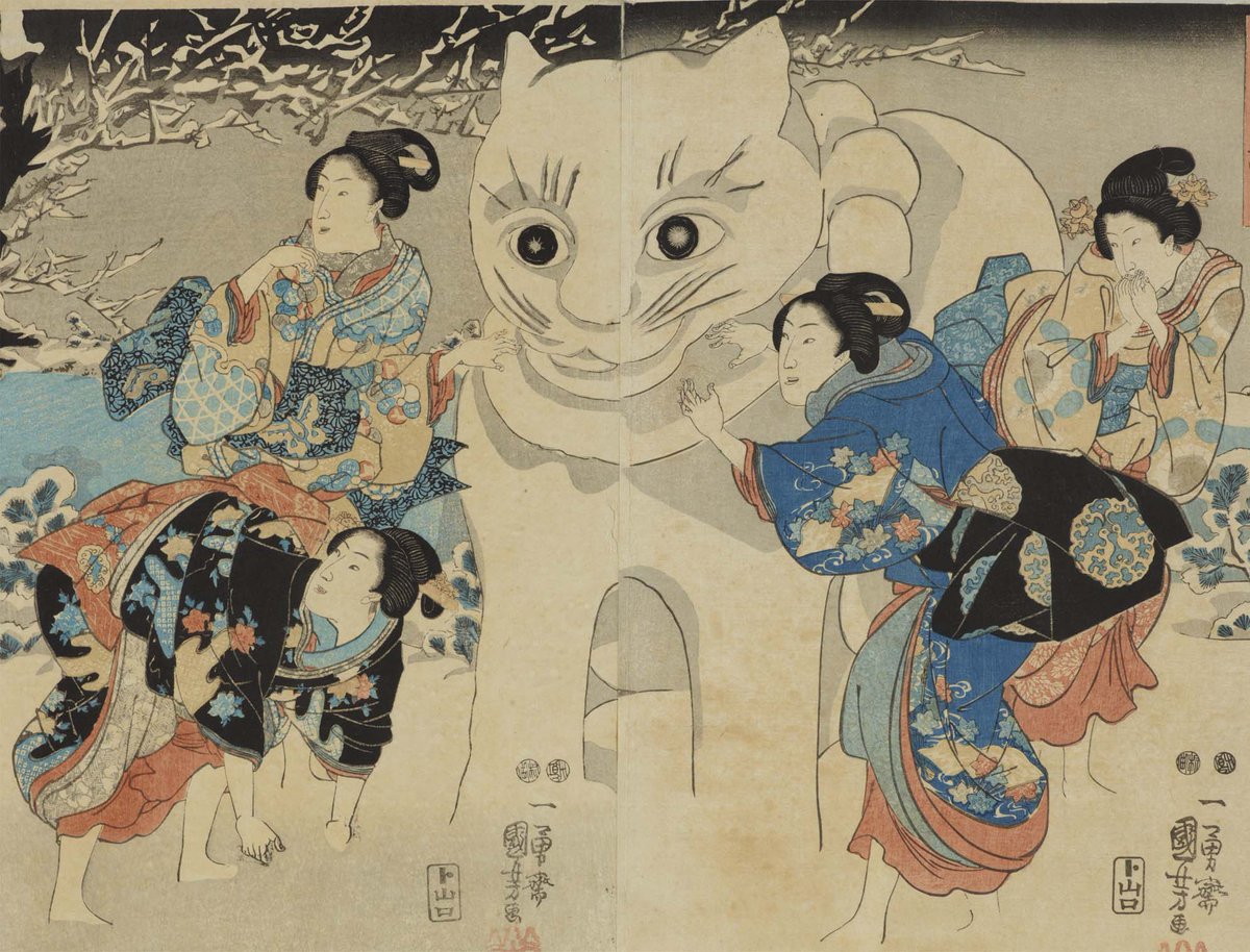 ukiyoeota's tweet photo. いよいよ夏の暑い季節になりましたので、涼しげな雪の浮世絵をご紹介。大きな猫の雪だるまです。ぎょろっとした目で、人間みたいな顔つきですね。あまりかわいくは…。歌川国芳の作品。原宿の太田記念美術館で開催中の「アニマル＆モンスター」展にて7/20まで展示しています。 https://t.co/KnlF1Lhs7C