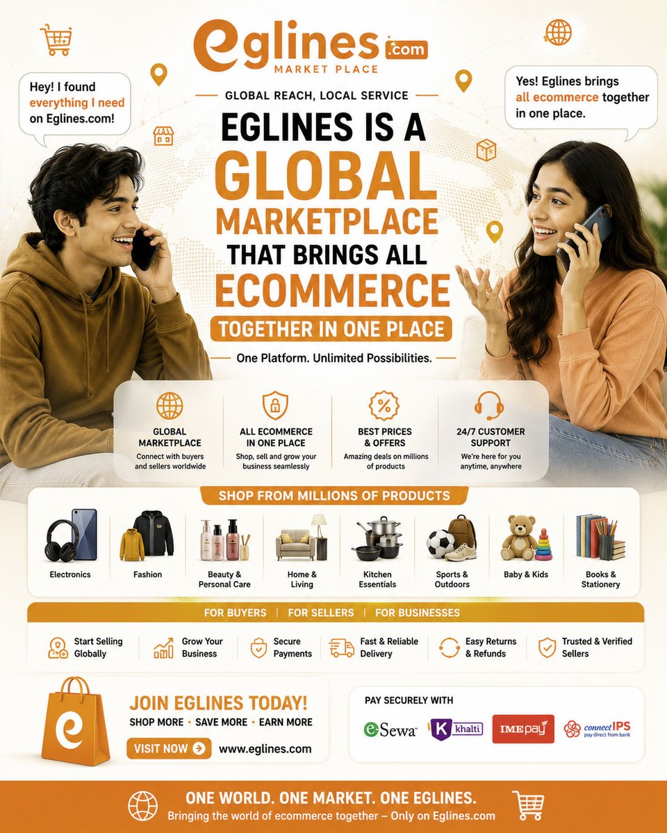 StorePvt's tweet photo. ONE GLOBAL MARKETPLACE. EVERYTHING IN ONE PLACE.
Connecting the World Through E-Commerce

Eglines is a global marketplace that brings buyers, sellers, manufacturers, wholesalers, retailers, and brands together on one trusted platform.

Facebook Link: https://t.co/Ylpc1DQkvQ https://t.co/ft3k3Lc7ny