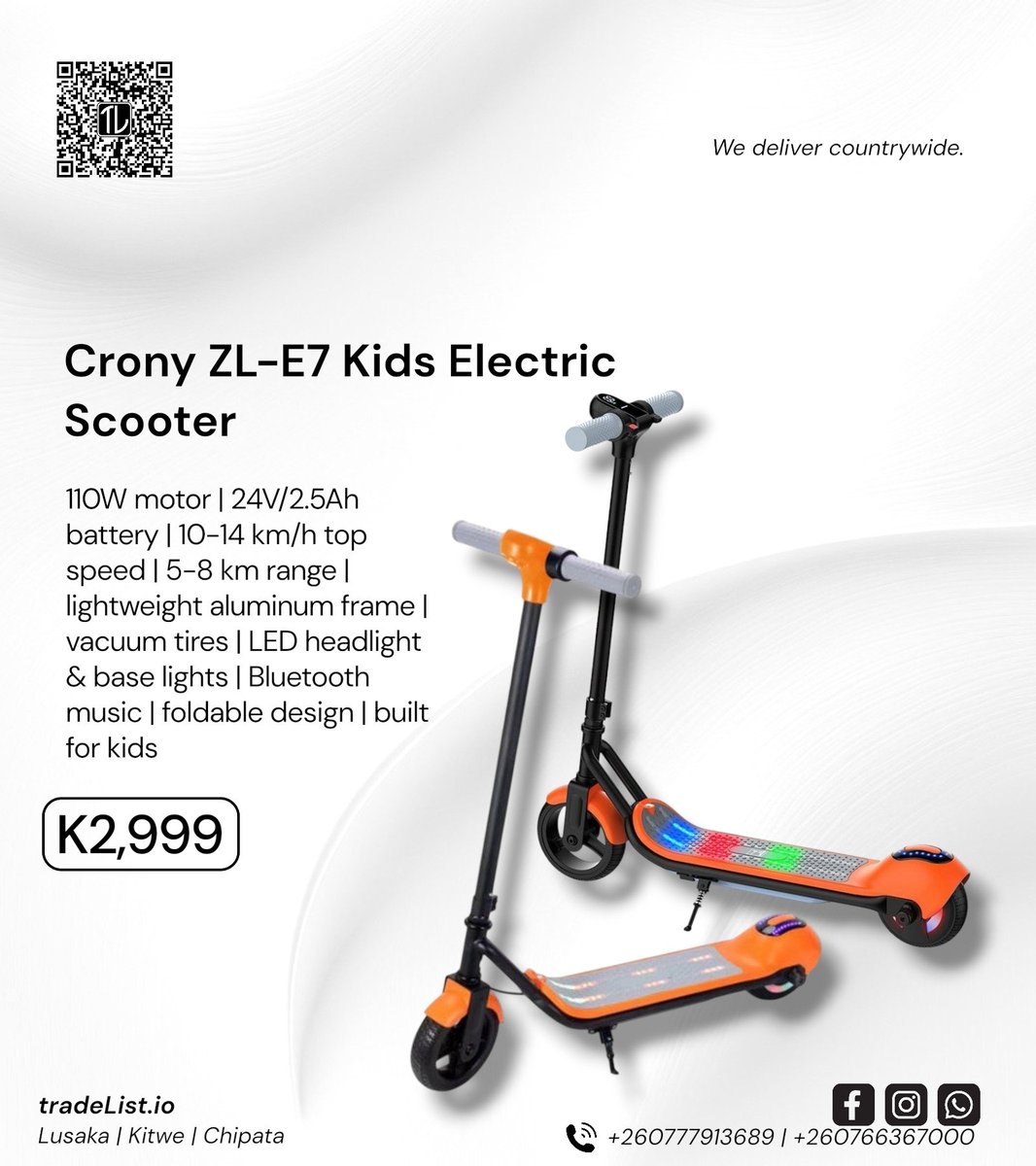 Trade_ListZM's tweet photo. Crony ZL-E7 Kids Electric Scooter

The Crony ZL-E7 Kids Electric Scooter is built for fun, safety, and everyday adventures. 

With a lightweight foldable design, LED lights, Bluetooth music, and speeds of up to 14 km/h, it's the perfect companion for young riders.

💰 Only K2,999 https://t.co/fYfOZqxZ3W