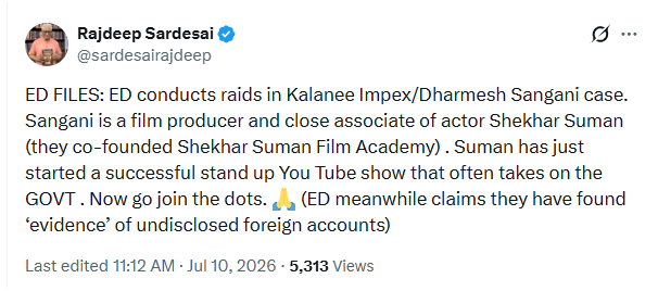 Starboy2079's tweet photo. 7. Dharmesh Sangani is co founder of Shekhar Suman Film Academy
8. Suman started a YouTube show which is critical of Govt
9. Today ED raids on Sangani

Join the dots

But before joining the dots, at least collect all the dots
Here are the remaining dots that you didn't share pimp @sardesairajdeep 

1. Dharmesh Sangani has a documented record of customs violations and international legal entanglements. Before entering the entertainment industry, he ran Dharmesh Sangani Ltd., a wholesale jewelry business based in the United Kingdom.

2. On 4 September 2016, UK Border Force officers intercepted him at Heathrow Airport upon his arrival from Dubai and seized 7.4 kilograms of 22-carat Asian gold jewelry from his possession. Sangani attempted to evade customs duties by submitting fabricated import declarations. He presented an invoice from the Dubai-based company Rizan Jewellery LLC to claim substantial tax relief. UK authorities later found that the layout and invoice numbers were identical to documents from his Indian company, Kalanee Impex Private Limited.

3. In May 2019, the UK Tax Tribunal ruled against him. The tribunal refused to restore the seized gold, concluding that Sangani had willfully under-declared the goods and submitted misleading paperwork to circumvent UK tax laws.

4. Sangani’s jewelry operations supplied retailers across the UK, France, and Mauritius. He regularly used trade routes connecting Mumbai, Dubai, and London to move gold bars and finished jewelry. His new media company, GBM Studios, is now actively preparing for international expansion and seeking global collaborations.

5. Haresh Sangani was directly implicated in a major financial fraud investigation by the Securities and Exchange Board of India (SEBI). SEBI uncovered a widespread market manipulation scheme involving abnormal reversal trades in the illiquid stock options segment of the Bombay Stock Exchange between April 2014 and September 2015.

6. SEBI identified Haresh Sangani as an active participant in executing non-genuine trades designed to generate artificial trading volumes. These actions violated the SEBI (Prohibition of Fraudulent and Unfair Trade Practices) Regulations. He later opted for the SEBI Settlement Scheme 2022 and paid a stipulated financial penalty in early 2023, thereby concluding the adjudication proceedings against him.

Now all dotes are here
Now connect all the dots
