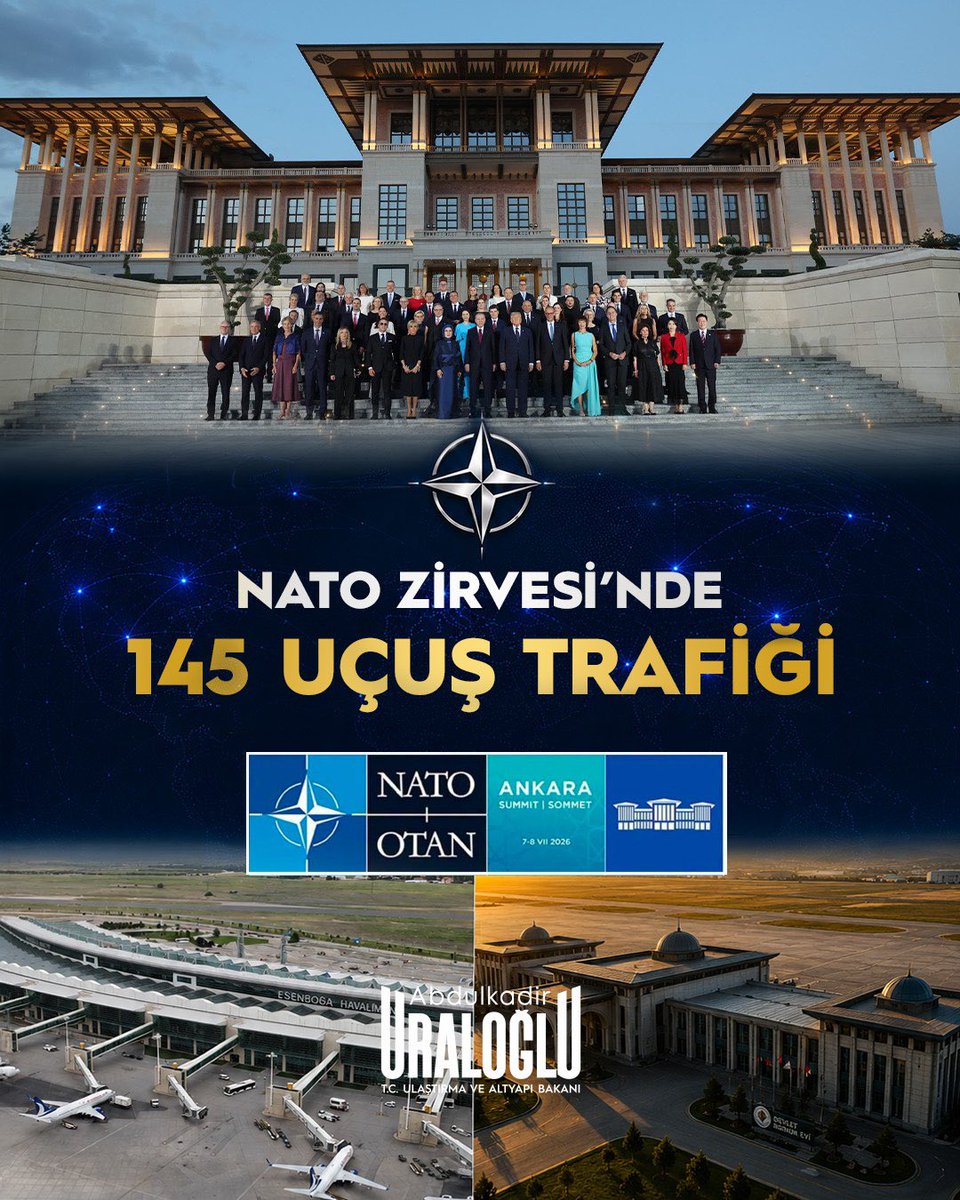 a_uraloglu's tweet photo. Biliyor musunuz ❓

✈️ Başkentimiz Ankara, 36. NATO Devlet ve Hükûmet Başkanları Zirvesi boyunca iki havalimanımızda gerçekleşen toplam 145 uçuş hareketiyle yoğun bir hava trafiğine ev sahipliği yaptı.

📍 Ankara Havalimanı’nda;
🛫 38 kalkış
🛬 44 iniş

📍Esenboğa Havalimanı’nda;
🛫 24 kalkış
🛬 39 iniş

🌍 Zirve boyunca hava trafiğini emniyetli, koordineli ve kesintisiz şekilde yöneterek ülkemizin uluslararası organizasyonlardaki güçlü kabiliyetini bir kez daha ortaya koyduk.

#TürkiyeHızlanıyor 🇹🇷