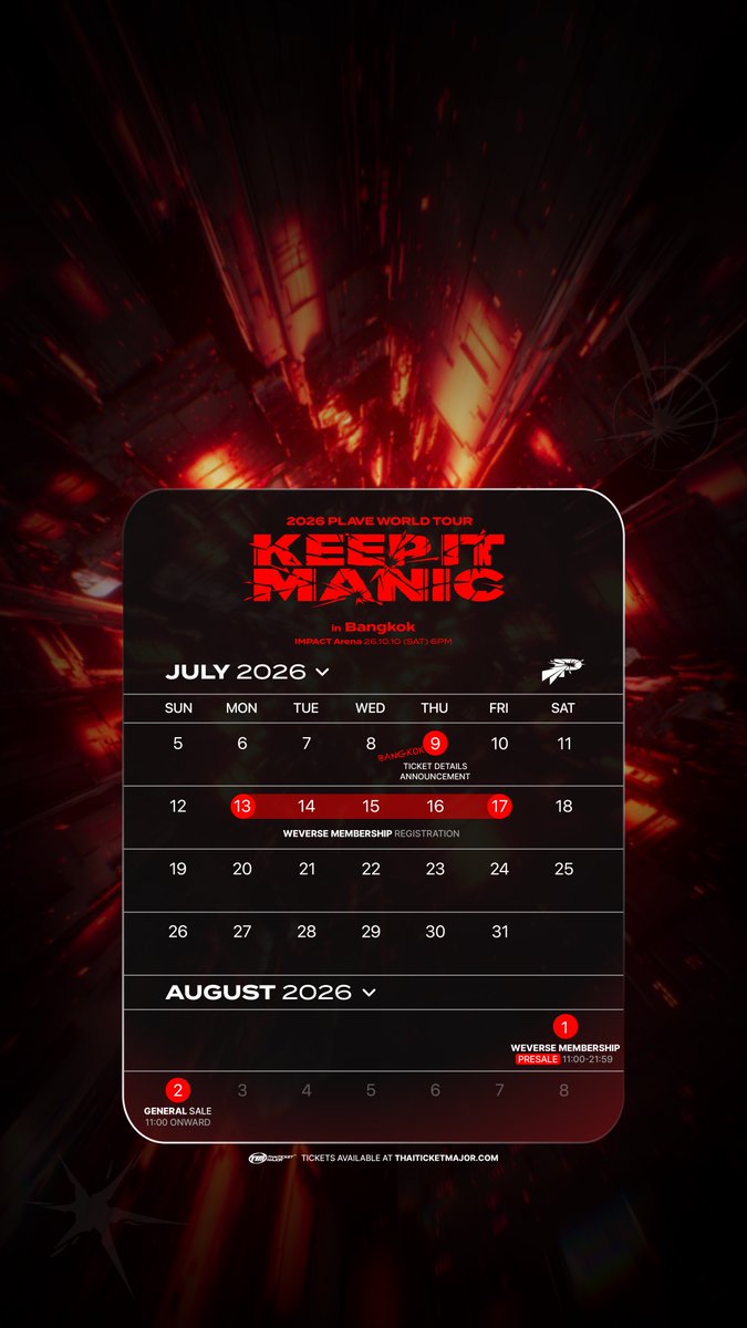 Officialavalon's tweet photo. 🚨 Let’s SAVE THE DATE!

PLLI ทุกคน! ไม่ต้องกลัวพลาดทุกโมเมนต์สำคัญของการกลับมาแลนด์ดิ้งครั้งนี้

ไม่ว่าจะเป็นวันลงทะเบียน Membership, วันเปิดจำหน่ายบัตร หรือวันสำคัญต่าง ๆ ของคอนเสิร์ต เพียงสแกน QR Code ก็สามารถเพิ่มกำหนดการทั้งหมดลงใน Google Calendar หรือ Apple Calendar ได้ทันที ✨

นอกจากนี้ เรายังเตรียม Wallpaper สุดพิเศษไว้ให้ทุกคน ดาวน์โหลดไปตั้งเป็นหน้าจอ เพื่อร่วมนับถอยหลังสู่วันแห่งความทรงจำด้วยกัน

+=+=+=+=+=+

และเพื่อให้ทุกคนเตรียมตัวกดบัตรได้อย่างมั่นใจ เราได้รวบรวมข้อมูลสำคัญ พร้อมตอบคำถามที่หลายคนสงสัยไว้ใน Q&A Ticketing Guide เรียบร้อยแล้ว

ก่อนถึงวันกดบัตร อย่าลืมอ่านให้ครบ แล้วไปเช็กคำตอบกันได้เลย 👇🏻

2026 PLAVE World Tour [KEEP IT MANIC] in Bangkok

- วันแสดง: วันเสาร์ที่ 10 ตุลาคม 2569
- เวลา: 18.00 น.
- สถานที่: IMPACT Arena
- ราคาบัตร: 6,800 / 5,500 / 3,800 / 3,500 / 2,800 / 2,500 บาท
- กดบัตรได้ที่: https://t.co/ePe5NcMJ1T

+=+=+=+=+=+

วันจำหน่ายบัตร

- Weverse Membership Presale
วันเสาร์ที่ 1 สิงหาคม 2569 เวลา 11.00 น. ถึง 21.59 น.

- General Sale
วันอาทิตย์ที่ 2 สิงหาคม 2569 ตั้งแต่เวลา 11.00 น. เป็นต้นไป

#PLAVE #플레이브
#2026_PLAVE_World_Tour
#KEEP_IT_MANIC
#KEEP_IT_MANIC_in_Bangkok
#2026_PLAVE_World_Tour_in_Bangkok

💙💜🩷❤️🖤

🚨 Let’s SAVE THE DATE!

PLLI ! Don’t worry, all the important moments for this upcoming landing are here.

Membership authorization period, ticketing day and other important dates for this concert are well-packed here for you. Just scan this QR Code, all these dates will be automatically added to your Google Calendar or Apple Calendar all at once  ✨

Moreover, we also prepared a special wallpaper which you can save and set up your lock screen in order to count down the day until will make the memories together.

+=+=+=+=+=+

And to ensure everyone a smooth preparation for your ticketing day, we also gather all the important information and answers to the questions that you might have in the  Q&A Ticketing Guide.

Don’t forget to check out all the information before the Ticketing Day here 👇🏻

2026 PLAVE World Tour [KEEP IT MANIC] in Bangkok

- Show Date: Saturday, 10 October 2026 
- Time: 06.00 PM
- Venue: IMPACT Arena
- Ticket Price: 6,800 / 5,500 / 3,800 / 3,500 / 2,800 / 2,500 THB
- Ticket: https://t.co/ePe5NcMJ1T

+=+=+=+=+=+

Ticket Sale Schedule

- Weverse Membership Presale
Saturday, 1 August  2026, 11:00 AM - 09:59 PM 

- General Sale
Sunday, 2 August  2026, 11:00 AM onwards

#PLAVE #플레이브
#2026_PLAVE_World_Tour
#KEEP_IT_MANIC
#KEEP_IT_MANIC_in_Bangkok
#2026_PLAVE_World_Tour_in_Bangkok

💙💜🩷❤️🖤