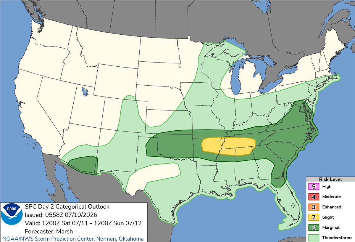 NWSSPC's tweet photo. 1:00am CDT #SPC Day2 Outlook Slight Risk: from the Ozark Plateau into the Tennessee Valley https://t.co/Y1WiOd8m1i https://t.co/Xm1PL8Xmy1