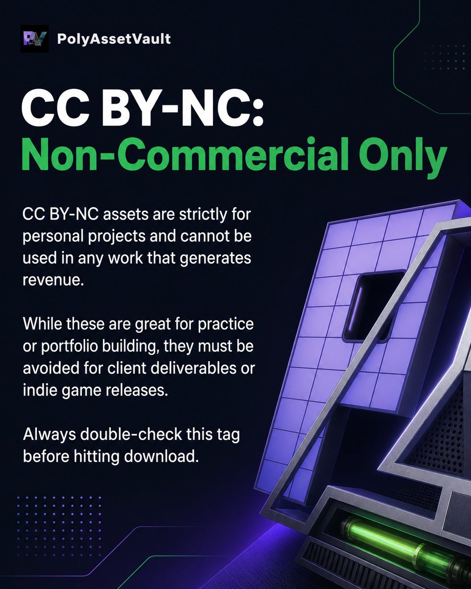 PolyAssetVault's tweet photo. A single CC BY-SA texture can technically force you to open-source your entire Blender project.

Most 3D artists grab Creative Commons assets without checking what CC0, CC BY, and CC BY-NC actually allow in commercial work. Worth knowing before your next asset hunt. https://t.co/V7SdeAPD1Y