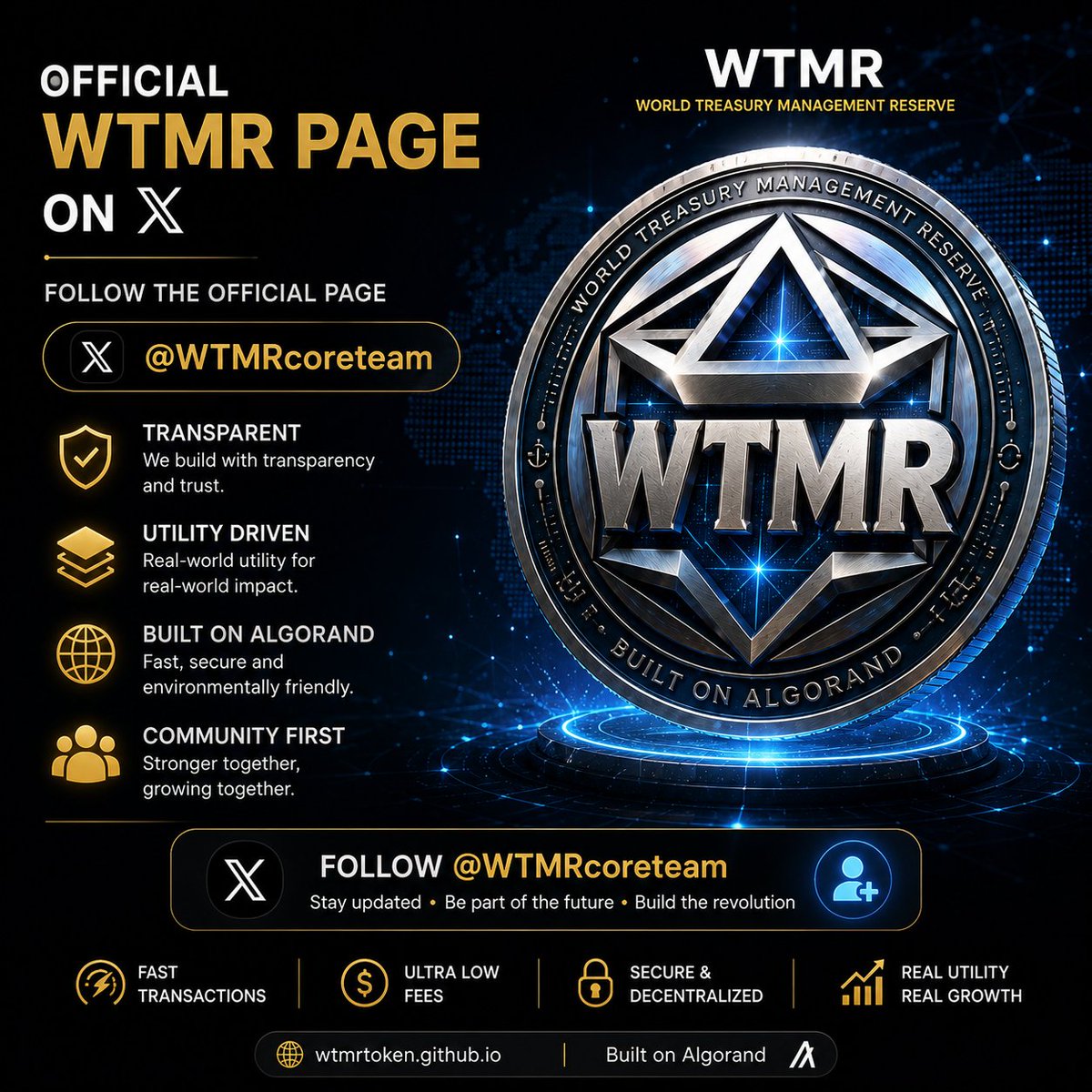 WTMRcoreteam's tweet photo. 🚀 Welcome to WTMR!

Building the future of transparent, utility-driven blockchain solutions on Algorand.

✅ Fast Transactions
✅ Low Fees
✅ Utility-Focused
✅ Community-Driven

Follow @WTMRcoreteam and join us on our journey.

#WTMR #Algorand #Web3 https://t.co/lFSwrY5sta
