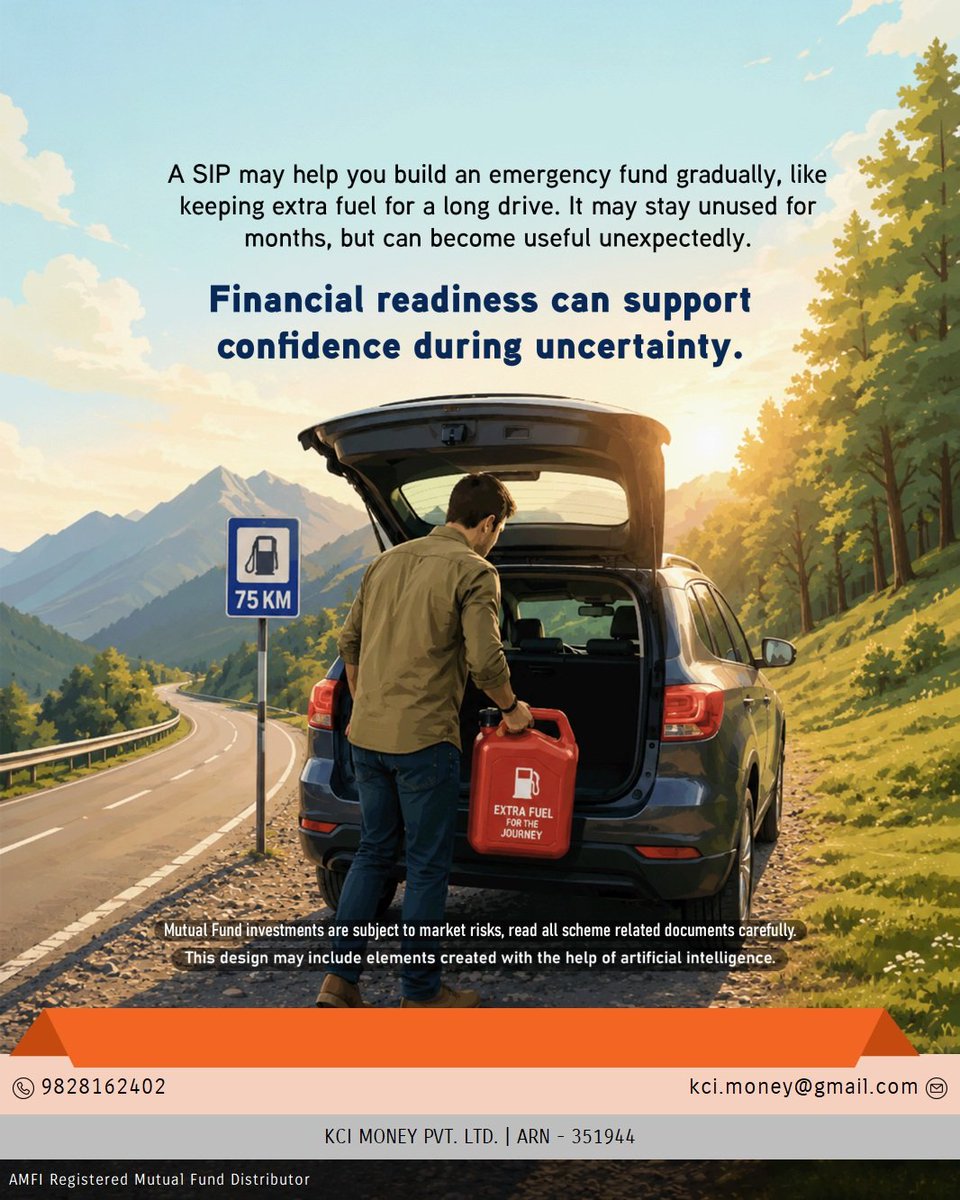 rajeevkci's tweet photo. Be prepared for life's surprises. Start an SIP and build your emergency fund gradually. 💰🚗

#EmergencyFund #SIP #MutualFunds #FinancialPlanning #InvestSmart #WealthCreation #KCIMoney #FutureReady #FinancialSecurity #GoalBasedInvesting https://t.co/AxLKbQELZn