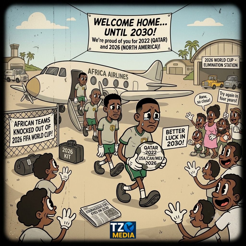 TZ_MediaUG's tweet photo. The African teams are finally back from the #WorldCup. The airport reception is just mothers holding wooden spoons and asking, "So, is this the #football that kept you from replying to my WhatsApp messages?" 😆✈️ @Afcon https://t.co/qe3DZ8uJAU