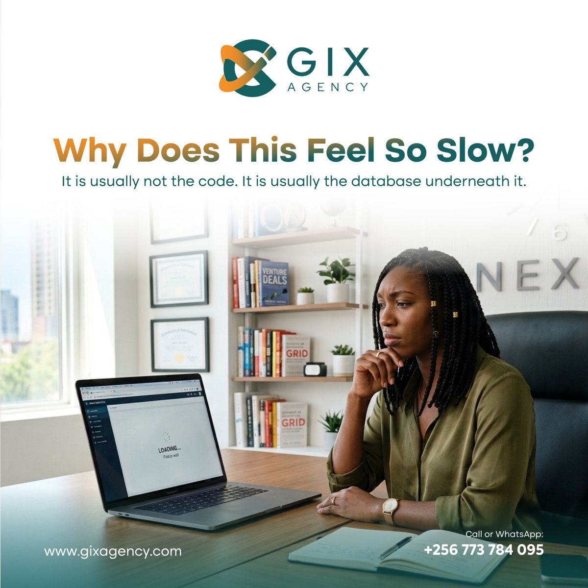 gixagency's tweet photo. Is your database the reason your app feels slow? 
One free assessment tells you exactly where the bottleneck is.

Call or WhatsApp: +256773784095

#GIXAgency #TechSolutions #BusinessGrowth https://t.co/1v7yNrvdta