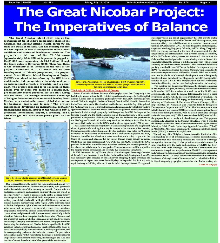 Andaman_Admin's tweet photo. #NewAndamans

#GreatNicobar #project is being called “The Imperatives of Balance”. Vision for a Transshipment port, International Airport & Power plant at #GNI to leverage #India’s location near Malacca Strait for trade, security & #BlueEconomy growth.
Strategic location. Economic potential. Ecological responsibility.