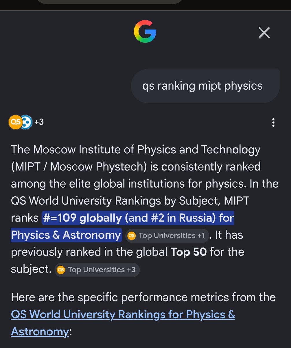 uyutny's tweet photo. @KsUfim @katcyO_o По физике — 109 сейчас. Был топ 50. Эти рейтинги меряются по публикациям в топ журналах, МФТИ под санкциями, поэтому нельзя публиковать местных профессоров.

Давай подумаем, стали ли те же самые люди хуже преподавать, если их перестали публиковать в Scopus? https://t.co/I8r1etwWN1
