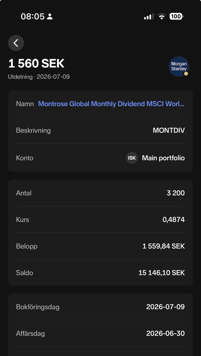 langapengar's tweet photo. Lite småroligt ändå: utdelningen från Montrose Global Monthly Dividend ETF (MONTDIV) landade snabbare på mitt Nordnet-konto än hos Montrose själva. 😄
1 560 kr in på kontot – tack för det! 💸📈
#MONTDIV #utdelning #börsen #Nordnet #Montrose @Investeraren https://t.co/fjB6776d4p