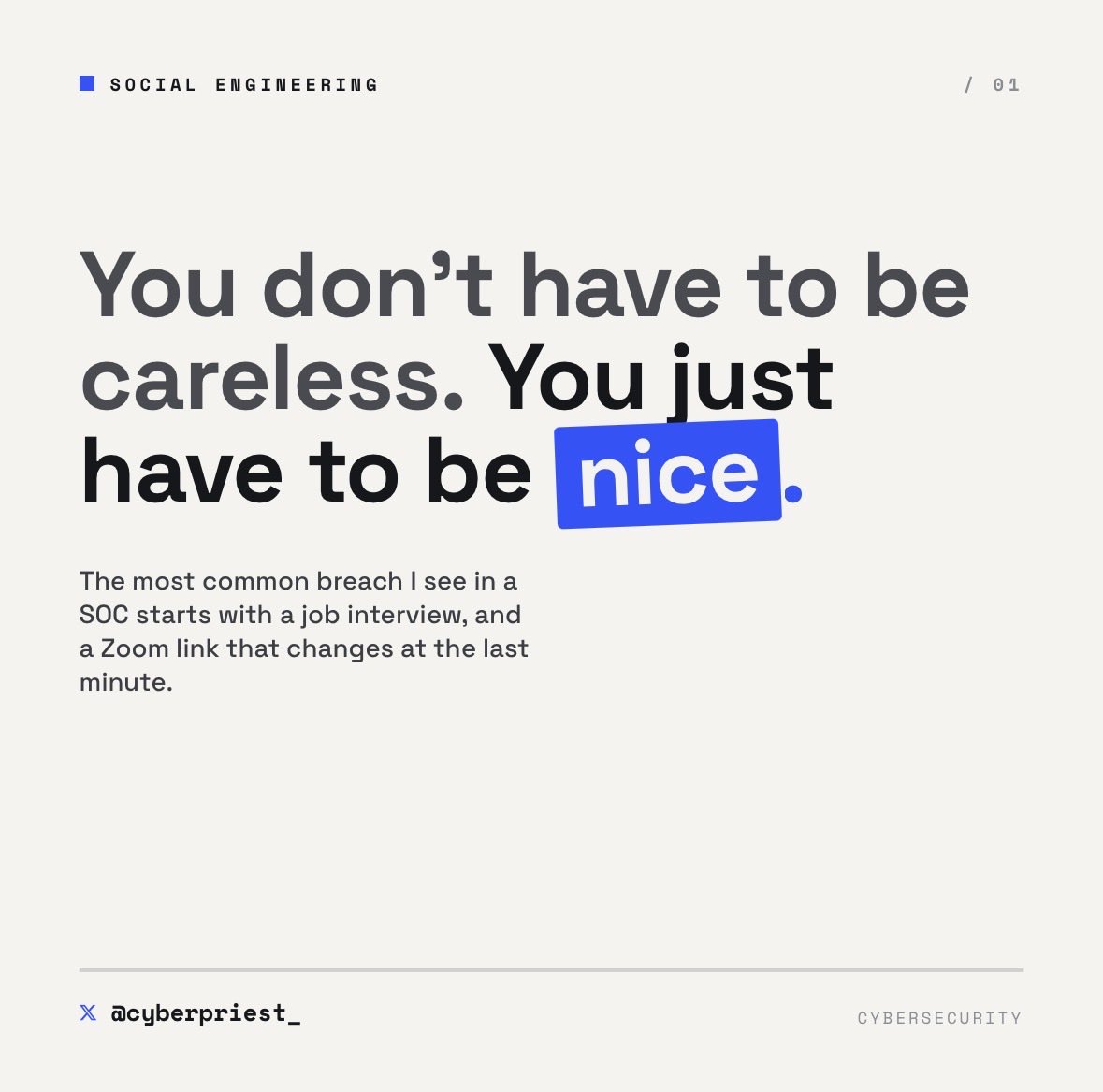 cyberpriest_'s tweet photo. As a SOC analyst, one of the most common breach attempts I see doesn’t touch a single vulnerability.

It’s just a job interview.

Here’s how it actually plays out 🧵 https://t.co/p3x771n7Qg