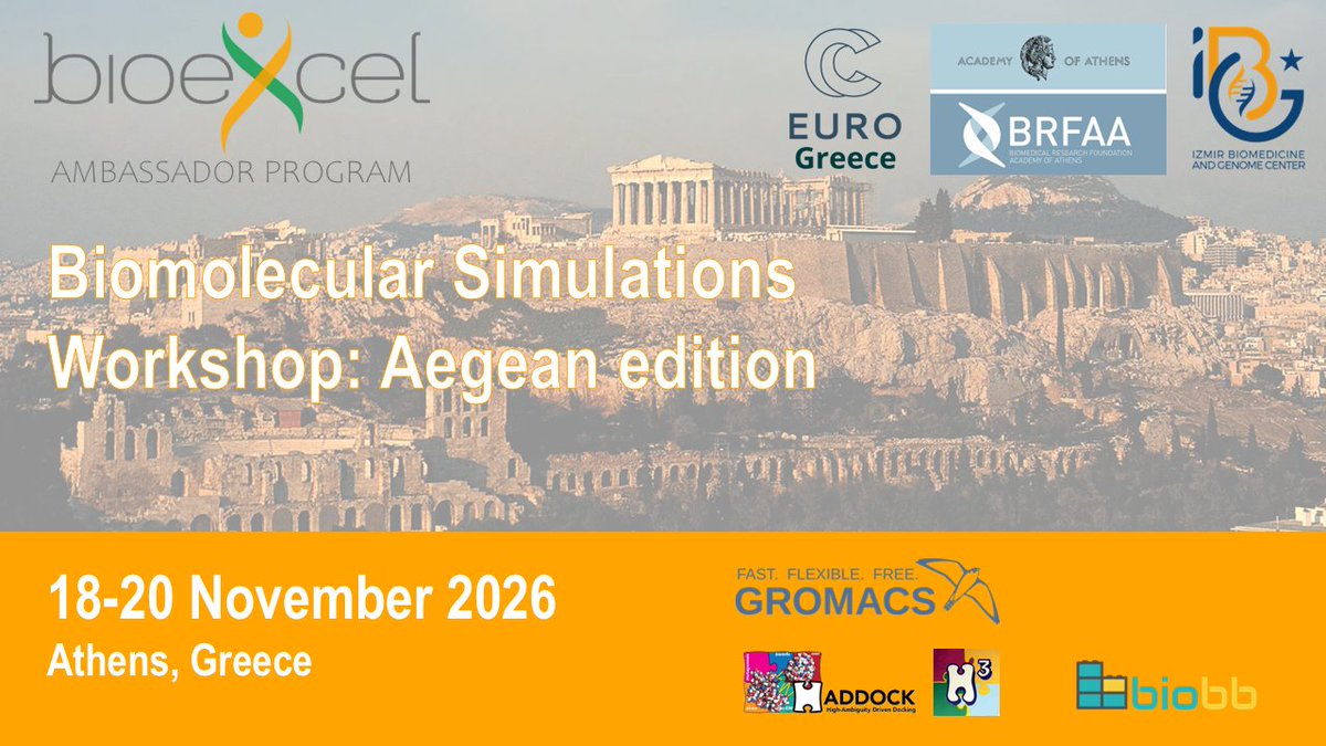 BioExcelCoE's tweet photo. Registration is open for our 6th Ambassador Program hands-on #workshop focused on the use of #GROMACS, #HADDOCK and #BioBB
🗓️ 18-20 November 2026
🌍 Athens, Greece
More info & registration ➡️ https://t.co/zMxaKB1m3O
@EuroCC_Greece @BRFAA_IIBEAA @ibgmerkezi
#ComputerSimulation https://t.co/9xNyFDhbr0