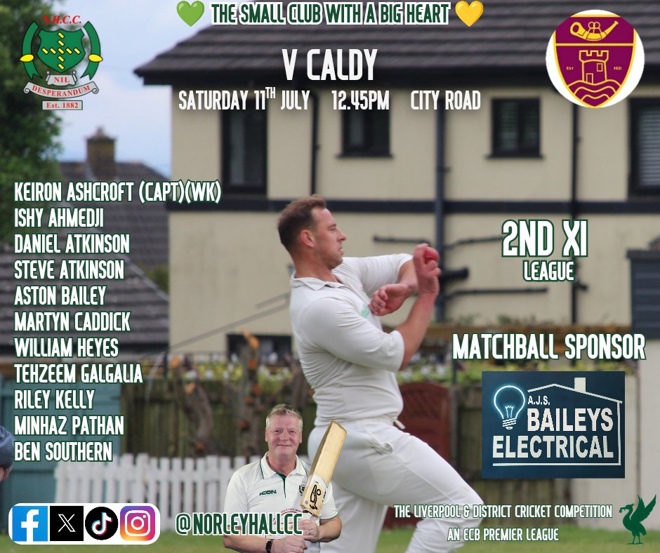NorleyHallCC's tweet photo. Team News

Your Green and Golds for Saturday 11th July 

WN5 x Wirral double header

Our first team make the trip across to the Leisure Peninsula to play @caldycc 

Meanwhile, our second team welcome their second team in the reverse fixture.

Many thanks to our Matchball Sponsor AJS Baileys Electrical. They are based in Wigan and are NIC as well as EIC approved. 

No electrical job is too big or too small for them and all jobs are carried out to the highest of standards as their excellent customer reviews show.

They can be contacted on ajsbaileyselectrical@gmail.com and via their Facebook page 

https://t.co/O97Os1AdfZ

You won't regret using them for your electrical needs!

Best wishes to both teams 🟢🟡🏏