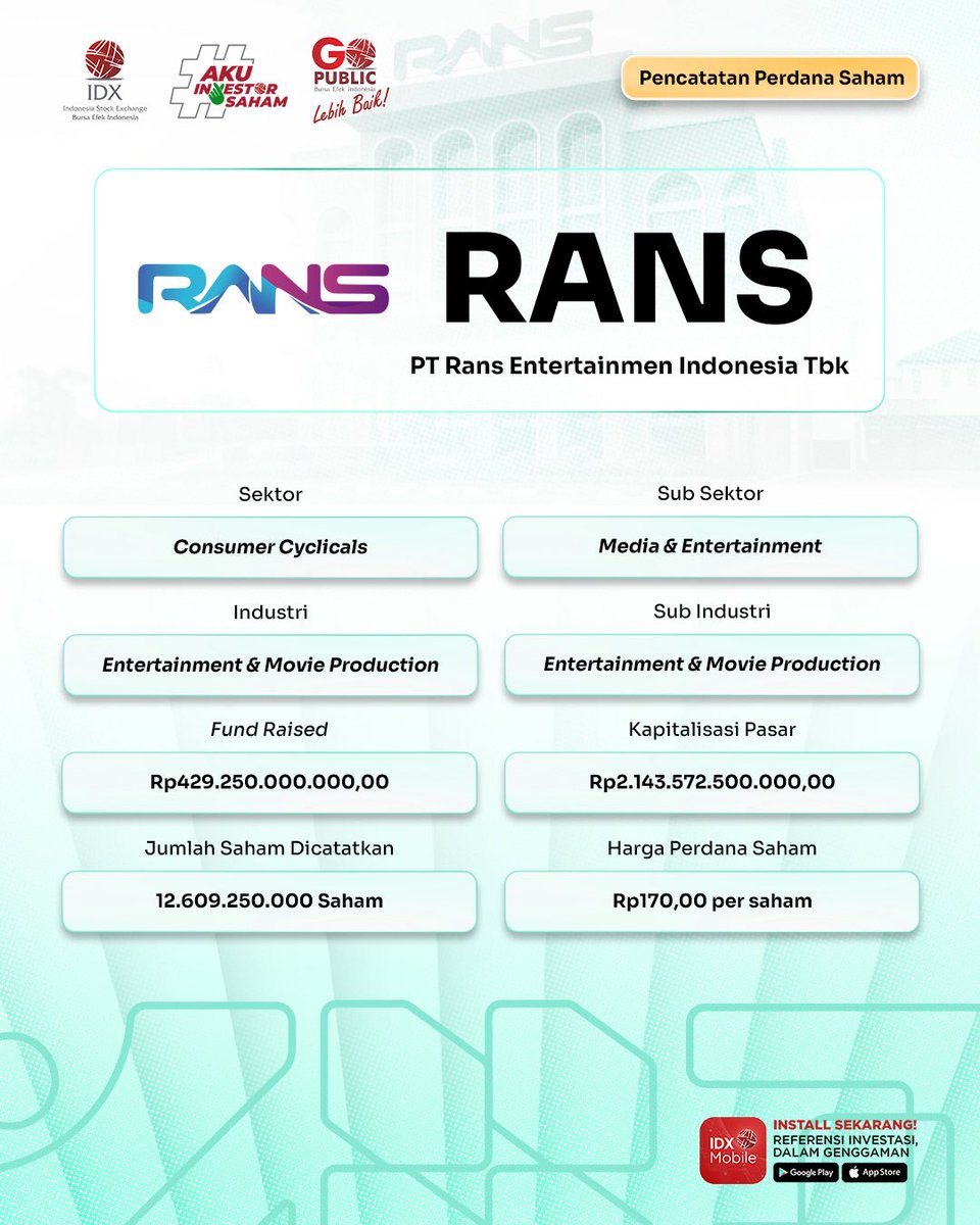 IDX_BEI's tweet photo. #IDXUpdate
Pencatatan perdana saham PT RANS Entertainmen Indonesia Tbk (Kode Saham: RANS) pada Jumat, 10 Juli 2026.
RANS merupakan Perusahaan Tercatat ke-7 di BEI pada tahun 2026.
Informasi selengkapnya: https://t.co/kwSCQ98bPw > Berita > Berita https://t.co/Tv2buhWrtO