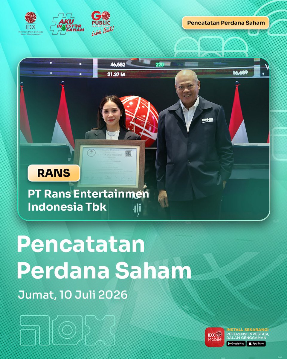 IDX_BEI's tweet photo. #IDXUpdate
Pencatatan perdana saham PT RANS Entertainmen Indonesia Tbk (Kode Saham: RANS) pada Jumat, 10 Juli 2026.
RANS merupakan Perusahaan Tercatat ke-7 di BEI pada tahun 2026.
Informasi selengkapnya: https://t.co/kwSCQ98bPw > Berita > Berita https://t.co/Tv2buhWrtO