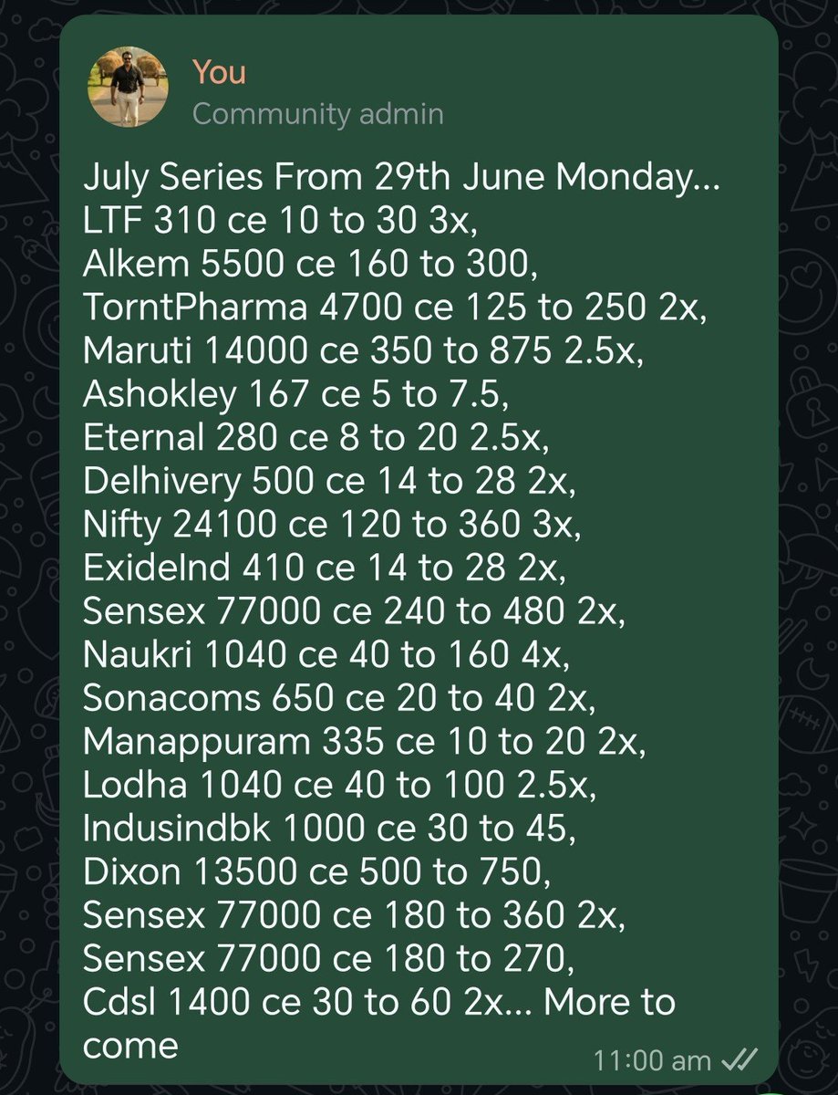FiiStockFutures's tweet photo. July Series From 29th June...
#LTF #Alkem #TorntPharm #Maruti #Ashokley #Eternal #Delhivery #ExideInd #Naukri #Sonacoms #Manappuram #Lodha #Indusindbnk #Dixon #Cdsl #Nifty #Sensex #banknifty #finnifty @NIFTYANDCRUDE https://t.co/Now3b1K01E