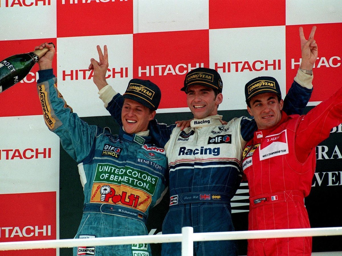 MsportXtra's tweet photo. #F1 #OnThisDay, July 10th 1994. @HillF1 (@WilliamsF1 ) won the #BritishGP at @SilverstoneUK . @schumacher was 2nd but got DSQ after the race so Jean Alesi (@ScuderiaFerrari ) took 2nd with @F1MikaHakkinen (@McLarenF1 ) 3rd. https://t.co/cpxeOF9Z3k #MsportXtra @frentzen_hh https://t.co/ihTgZZdqHf