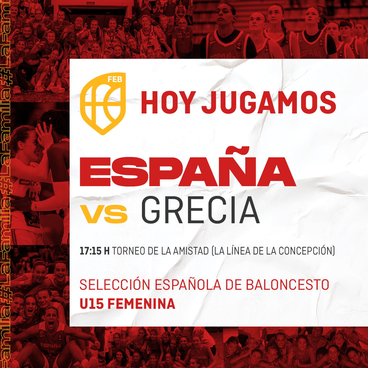 BaloncestoESP's tweet photo. Sube el ๐ง๐๐๐ขฬ๐ก del Torneo de la Amistad con la #U15F ๐ช๐ธ
๐ช๐ธ๐๐ฌ๐ท
โฐ 17:15 h
๐ La Lรญnea de la Concepciรณn
๐บ https://t.co/LiEOEBNeNK
#SomosEquipo https://t.co/aOFtKFyUxu