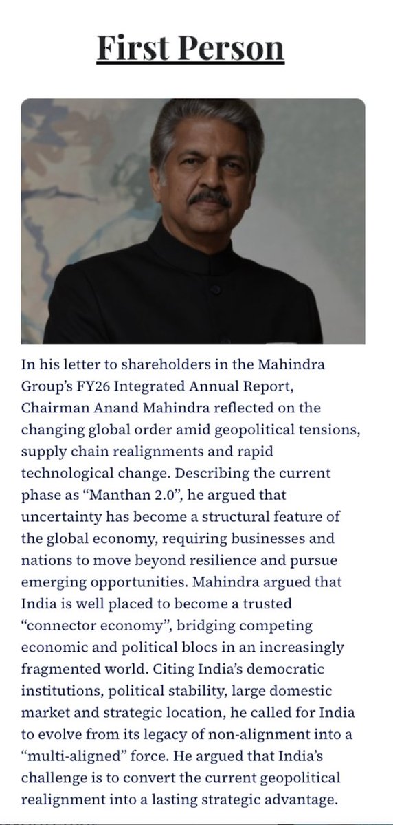IndiasWorld_mag's tweet photo. #FirstPerson | "Uncertainty is the new normal." @anandmahindra says the world is entering "Manthan 2.0," an era in which businesses and nations must move beyond resilience to seize new opportunities.
Read here: https://t.co/8Ef5GR0KCB https://t.co/hNCNWmNncp