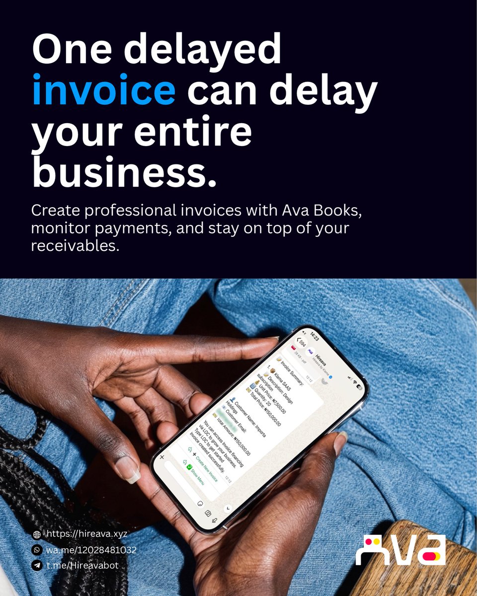 AvaSuite's tweet photo. Running a business is hard enough, don’t make it even harder by delaying your invoices. Create and send professional invoices in minutes with Ava Books, all without leaving WhatsApp.

Get started with Avabooks - https://t.co/vVTb10aSwO https://t.co/46Q9Dq1Wlr