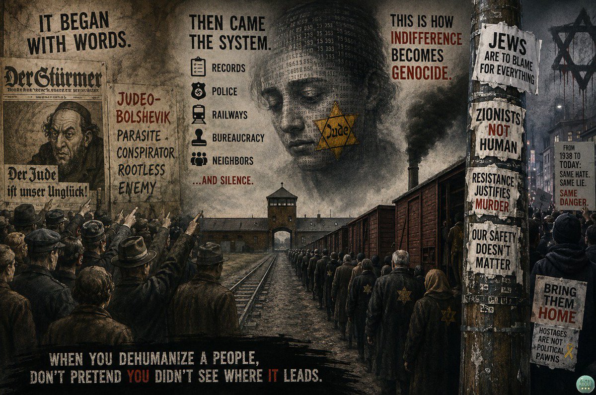 destinationXIX's tweet photo. The Holocaust did not begin with gas chambers.
It began with dehumanization.

Long before Jews were murdered, they were turned into an idea: the hidden enemy, the parasite, the conspirator behind every crisis.

Europe was already full of antisemitism before the war. Economic collapse, humiliation after World War I, fear of communism, and social chaos made people search for scapegoats. The Nazis gave them one.

To Nazi propaganda, Jews were “Judeo-Bolsheviks”. Communists. Capitalists. Globalists. Rootless elites. Somehow responsible for both capitalism and communism, both weakness and domination, both decadence and revolution.

The accusation never had to make sense.

It only had to make Jews seem dangerous enough to remove.

At first, Nazi policy focused on exclusion and expulsion: push Jews out of professions, universities, citizenship, public life, and eventually Europe itself.

But then Germany conquered more territory.

Poland brought millions more Jews under Nazi control. The invasion of the Soviet Union turned propaganda into mass shootings. In Ukraine, Jews were murdered in ravines like Babyn Yar, where more than 33,000 Jews were killed in two days. Local collaborators and auxiliary police helped identify, gather, guard, and murder Jews.

This is how genocide becomes scalable: records, police, railways, bureaucrats, neighbors, and silence.

Norway shows how fast it could happen when the state already knew who the Jews were. Authorities relied on police information, synagogue membership lists, statistical records, property inventories, and “J”-stamped identity cards. Once the decision came, Norwegian police helped arrest Jews for deportation.

Hungary shows another version. For years it had antisemitic laws and was allied with Nazi Germany, but mass deportations accelerated after Germany occupied Hungary in March 1944. In less than two months, about 435,000 Hungarian Jews were deported to Auschwitz, most murdered on arrival. Warnings arrived, including the Vrba-Wetzler report; action came only after hundreds of thousands had already been sent.

And yes, people knew.

The Allies had information by 1942 that Jews were being murdered en masse at Auschwitz. By 1944, the Vrba-Wetzler report gave one of the most detailed eyewitness descriptions of the gas chambers and crematoria. The world did not lack information. It lacked urgency.

Even the Red Cross failed the Jews.

Theresienstadt was staged by the Nazis as a “model ghetto” to deceive outsiders if they didn't bother to look hard enough. In 1944, the International Committee of the Red Cross visited, saw the performance, and issued a favorable report, not even noting an issue with forcing Jews into concentration camps in the first place. Even in April 1945, after other camps were being liberated, it continued to repeat it's erroneous findings.

That failure has an ugly echo today: Jewish civilians - women, children and Holocaust survivors were taken hostage by Hamas, hidden underground, suffered international starvation, sexual abuse and torture, and denied basic humanitarian access - while the same international institutions that speak endlessly about humanitarian law could not even force a visit, while insisting on visits for the armed terrorists who took the hostages.

But "Palestinians" also played an active role during the holocaust - The grand Mufti - Haj Amin al-Husseini was  not a mere footnote.

He met Hitler, allied himself with the Nazi project, recruited tens of thousands of Muslim soldiers to the SS, spread Nazi propaganda in the Arab world, opposed Jewish immigration to Palestine, and he repeatedly lobbied Nazi and Axis officials to block Jewish escape routes to Palestine - including transports involving Jewish children.

In 1943, he intervened against proposals to transfer Jews from Bulgaria, Hungary, and Romania to Palestine after thousands of Jewish children had managed to reach safety. In 1944, he objected to certificates for 900 Jewish children from Hungary, warning that they might end up in Palestine and urging that, if they had to be removed, they be sent somewhere under “active control”, such as Poland - which, in 1944, meant the machinery of Nazi extermination.

And the world around the Nazis was not innocent.

There were righteous gentiles - brave people who risked everything to hide, smuggle, forge papers, and save Jews.

But there were also governments that collaborated, police forces that obeyed, bureaucrats who made lists, neighbors who informed, and countries that closed their doors.

Even Britain, while fighting Hitler, arrested thousands of German and Austrian “enemy aliens”, including Jewish refugees who had fled the Nazis, and shipped many of them to Australia on the HMT Dunera - alongside actual German and Italian POWs and Nazi sympathizers. Jews who escaped Nazi persecution were treated as enemy aliens together with the very people they had escaped from.

That is the uncomfortable lesson.
The Holocaust was carried out by Nazi Germany.
But it was made easier by a world that had already learned to treat Jews as a problem.

And that is why today’s language matters.

When Jews are again described as the hidden power behind everything - colonialism, capitalism, war, media, money, white supremacy, genocide - we should recognize the pattern.

Societies that blame Jews are usually confessing their own decay.
When Europe tried this before and blamed Jews for capitalism, communism, war, poverty, humiliation, and social collapse.

It did not save Europe.
It made Europe poorer, crueler, and morally disfigured.

Now the same disease is back with updated vocabulary: colonialism, whiteness, genocide, media, money, power.

When Israeli civilians and Jews are treated as legitimate targets, when hostages posters are ripped off poles, when Jewish safety concerns are mocked as propaganda, when terrorist murder is excused as “resistance”, when campuses and streets decide Jews are uniquely guilty - it is 1938, and 1939 comes next.