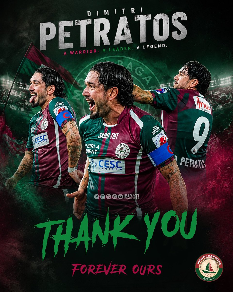 birati_mariners's tweet photo. 𝐓𝐇𝐀𝐍𝐊 𝐘𝐎𝐔, 𝐃𝐈𝐌𝐈𝐓𝐑𝐈 𝐏𝐄𝐓𝐑𝐀𝐓𝐎𝐒 💚❤️

You gave us unforgettable goals, magical moments, and endless passion. Forever a Green &amp; Maroon warrior.

Thank you, Dimi! Once a Mariner, Always a Mariner. Joy Mohun Bagan! 💚❤️

#Dimi https://t.co/9sN3Sck5kI