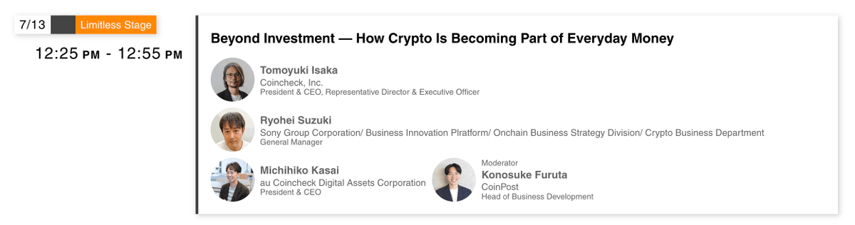 soneium's tweet photo. How is cryptocurrency shifting from a value transfer mechanism to becoming part of everyday applications? 💳✨

To find out how Soneium is penetrating daily consumer life, join the Limitless Stage at @WebX_Asia on July 13 at 12:55 PM.

Ryohei Suzuki from Sony Group Corporation's Onchain Business Strategy Division will be on the panel exploring the "normalization" of crypto alongside other industry leaders.