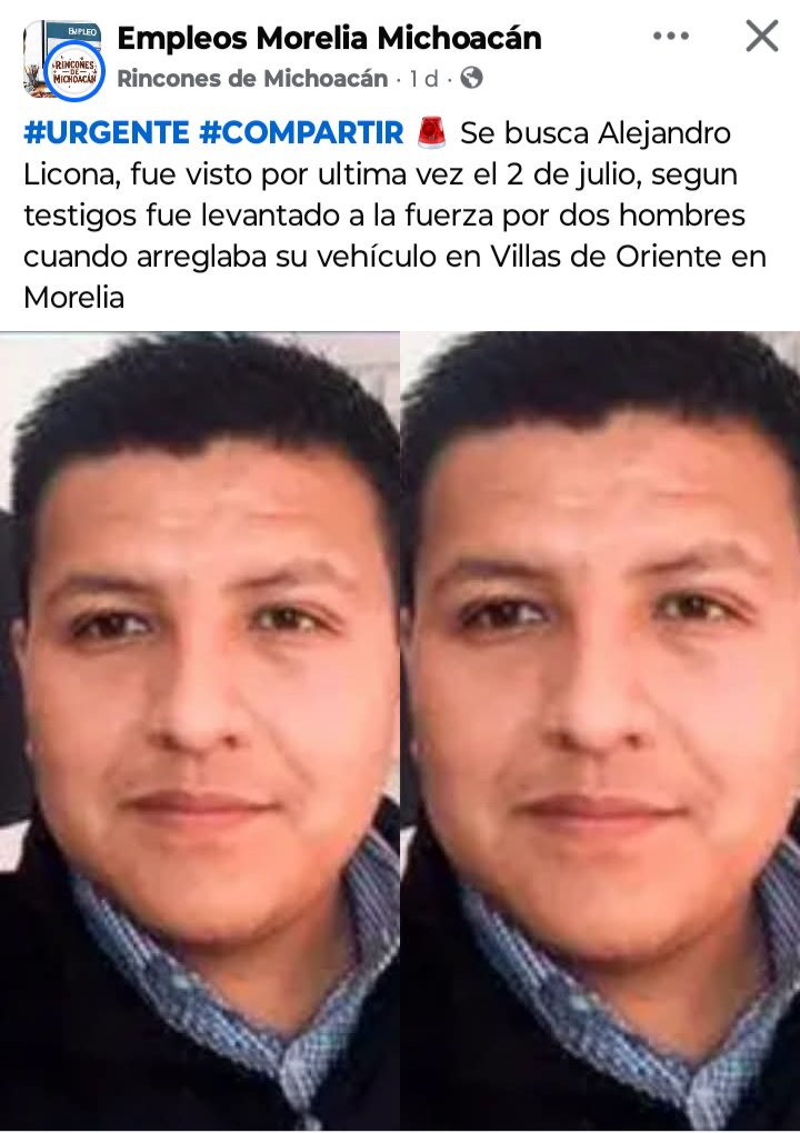 angelcaido_yo's tweet photo. 🚨 Se busca a Alejandro Licona Vázquez de 33 años. Fue secuestrado mientras arreglaba su coche en #Morelia... #Mx #Mex #USA #EEUU #Mexico #Uruapan #Michoacan #WorldCup #Mundial2026 #PlanMichoacan https://t.co/fXFfVGn7xa
