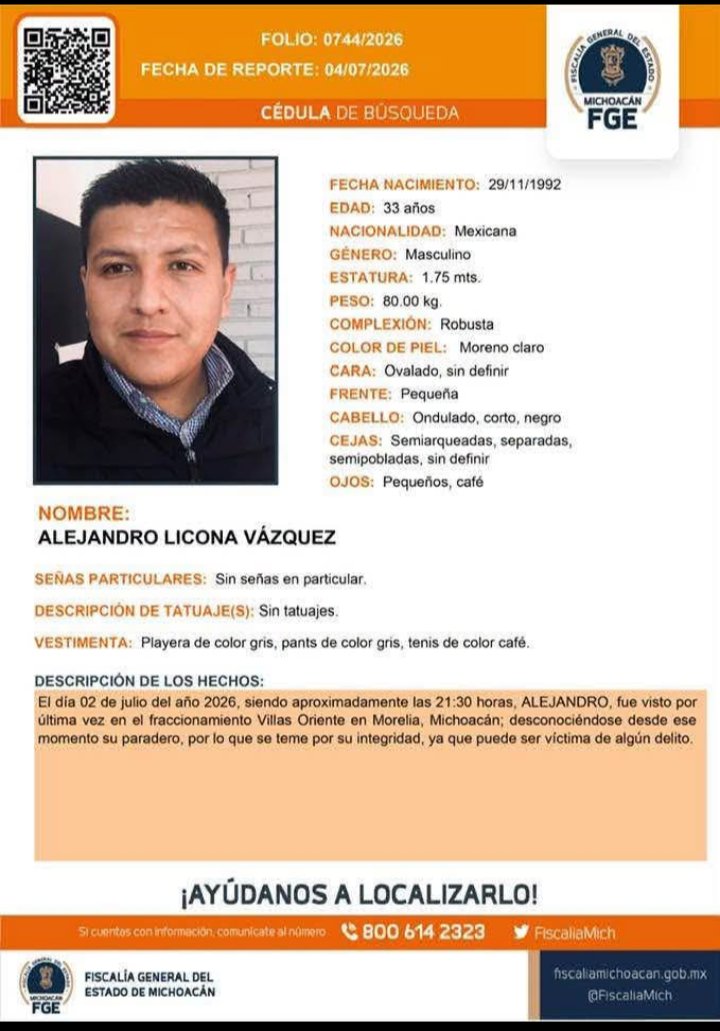 angelcaido_yo's tweet photo. 🚨 Se busca a Alejandro Licona Vázquez de 33 años. Fue secuestrado mientras arreglaba su coche en #Morelia... #Mx #Mex #USA #EEUU #Mexico #Uruapan #Michoacan #WorldCup #Mundial2026 #PlanMichoacan https://t.co/fXFfVGn7xa