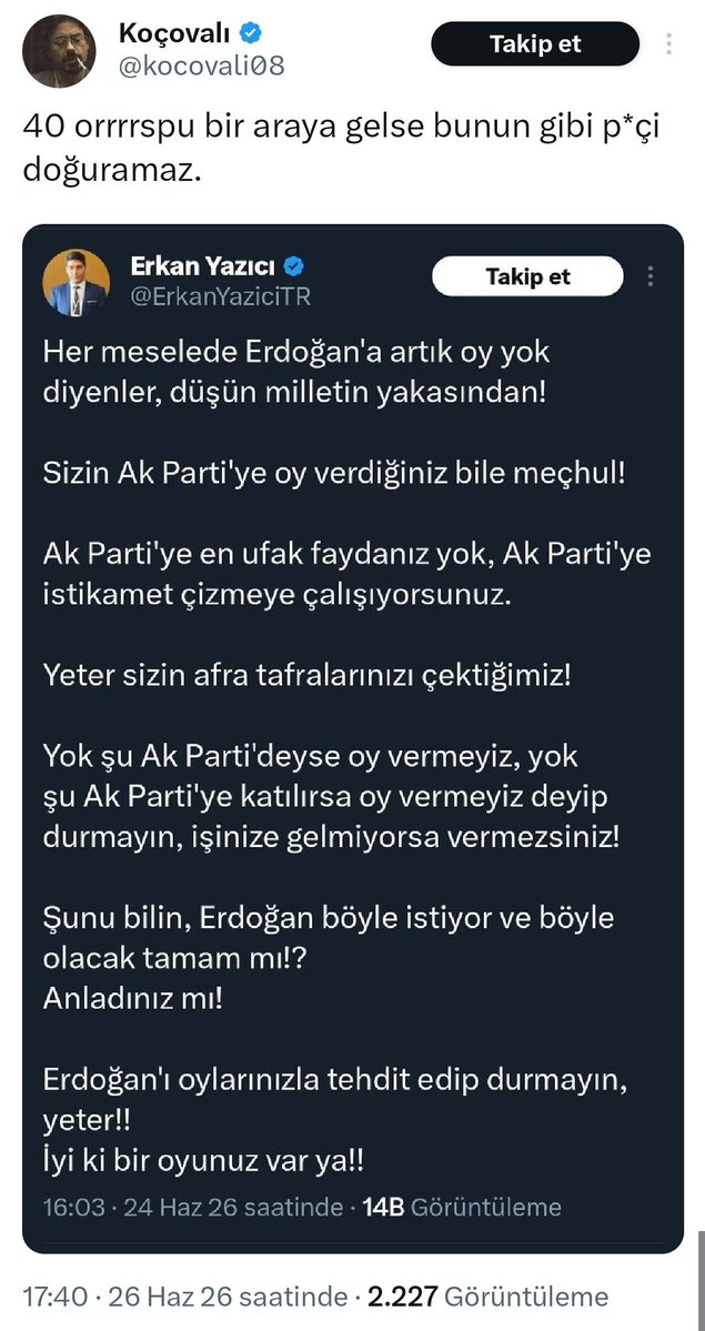 ErkanYaziciTR's tweet photo. Maalesef Ak Parti'ye geniş geniş giydirenler bir de bakanlıklarda kabul görüp taltif ediliyor. 

Bize küfürler edilirken de kulaklar tıkanıyor, küfür edenlerle ilgili en ufak bir işlem yapılmıyor. 
Zaten her gün ediliyor da, hiçbirini dile getirmememe rağmen özellikle bir tane anonim hesapla ilgili bir ricada bulundum, oralı bile olunmadı.  @mustafaciftcitr 

13 yaşından bu yana 40 senedir bu davaya hizmet eden biri olarak kendimi son zamanlardaki kadar yalnız hissetmedim .

Bizim en zor zamanlarında yalnız bırakmadıklarımız dava şuuru gereği bile tek bir kelime etmedi.

Galiba siyasi mesajlarımın sonuna geliyorum.
Artık küfürbazlardan ve Ak Parti'yi yerden yere vuranlardan destek beklerler.