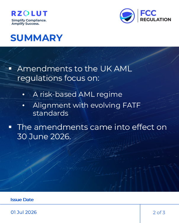 RzolutL's tweet photo. On 01 Jul 26, the UK Money Laundering and Terrorist Financing (Amendment) Regulations 2026 were published to modernize the UK's AML/CFT framework.

Read more https://t.co/yFdjg5fMfr

#Regulation #UK #AML #MoneyLaundering #DueDiligence #CDD #EDD #Compliance https://t.co/159g4Z3nL8