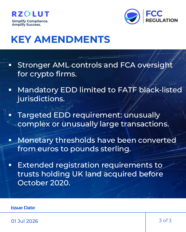 RzolutL's tweet photo. On 01 Jul 26, the UK Money Laundering and Terrorist Financing (Amendment) Regulations 2026 were published to modernize the UK's AML/CFT framework.

Read more https://t.co/yFdjg5fMfr

#Regulation #UK #AML #MoneyLaundering #DueDiligence #CDD #EDD #Compliance https://t.co/159g4Z3nL8
