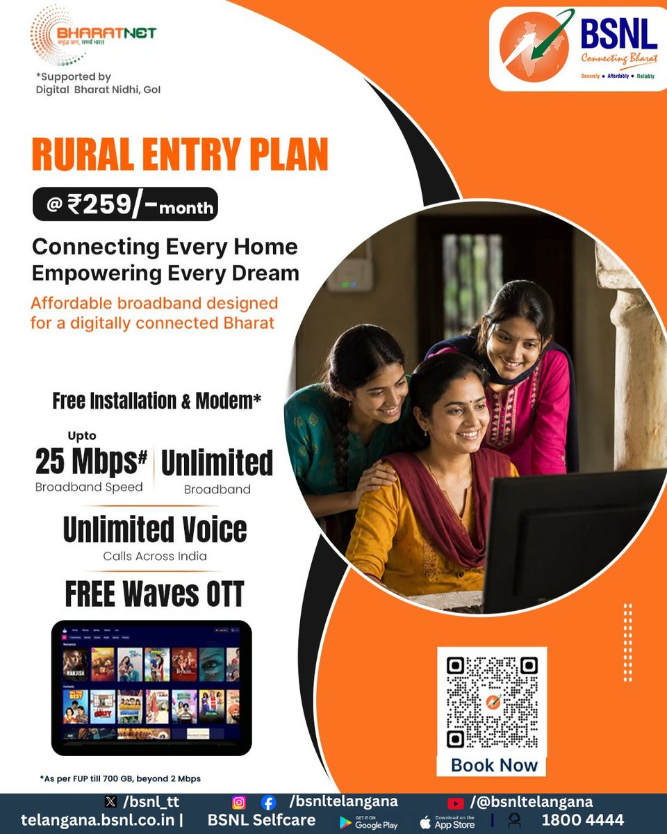 bsnl_tt's tweet photo. 🏡 Reliable connectivity for every member of your family is now within reach with the BSNL Rural Entry Plan at just ₹259/month.

Connecting every home. Empowering every dream. 🌐💙

Book your connection today: https://t.co/FzVzhYZwbz

#BSNL #BSNLFibre #FTTH #RuralConnectivity https://t.co/br6cuxhlaJ