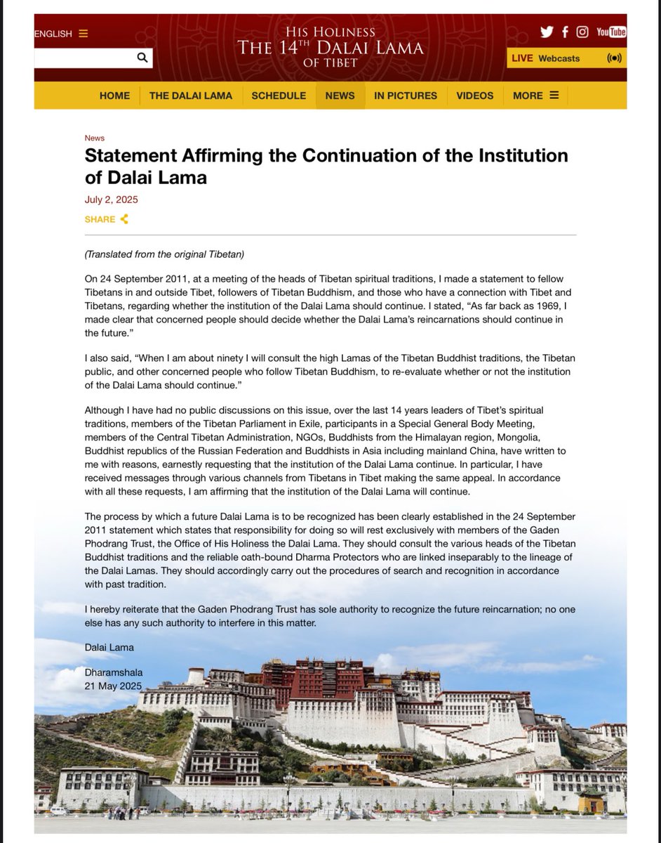 CTASpokesperson's tweet photo. On 2 July 2025, His Holiness the Dalai Lama in his statement affirmed that the institution of the Dalai Lama will continue. His Holiness reiterated that the Gaden Phodrang Trust has sole authority to recognize the future reincarnation; no one else has any such authority to interfere in this matter. 

The Chinese Communist Regime has no legitimate authority whatsoever regarding the reincarnation of His Holiness the Dalai Lama, as it is a matter of Tibetan Buddhist religious tradition.
