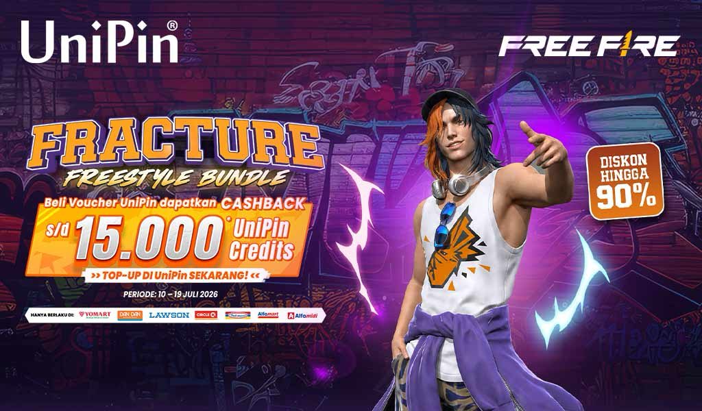 UniPinIndonesia's tweet photo. DISKON 90% DAPET KEMBALIAN?!

Sikat bundle Fracture Freestyle di Mystery Shop dan top up voucher UniPin di minimarket biar dapet cashback up to 15.000 UC! 😎

🛒 Alfamart, Indomaret, Alfamidi, Lawson, Circle K, Dan+Dan, Yomart
📅 10-19 Juli 2026

Top up sekarang!

#UniPin #FF https://t.co/EuYWfEPSUH