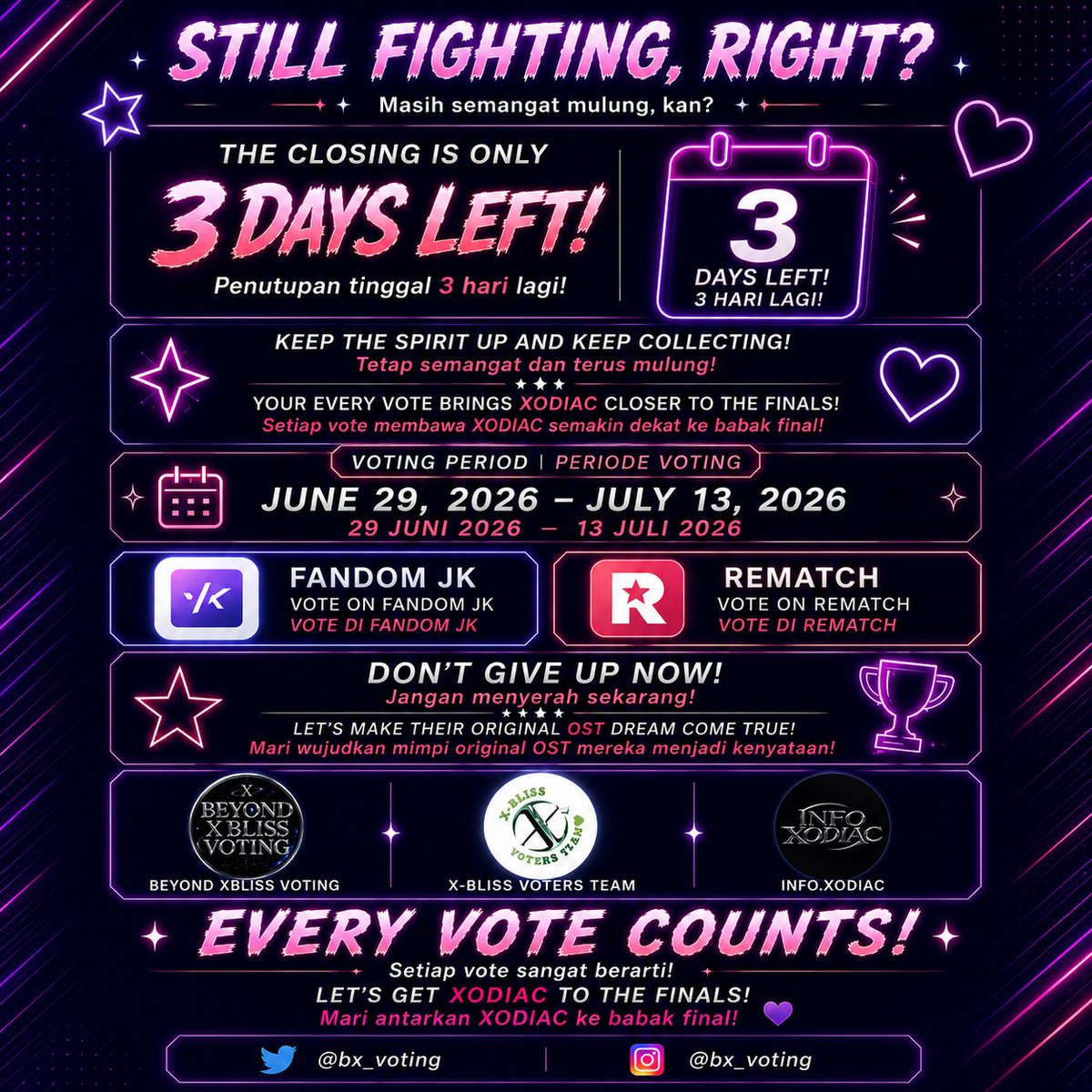 BX_voting's tweet photo. π X-BLISS, we're counting on you!
Only 3 DAYS LEFT!
Keep collecting hearts & voting to bring XODIAC to the Finals. Every vote counts!
πFandom JK
πREMATCH
Please β€οΈ & RT this post to reach more X-BLISS. Let's fight until the end!
#XODIAC #VoteForXODIAC #OSTMatch #XBLISS https://t.co/xzJU6nCBOV