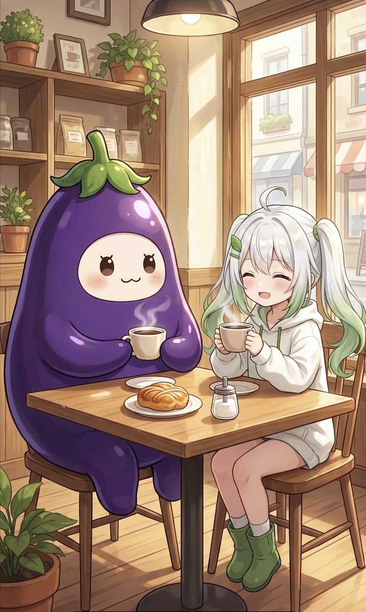 PixAI_Mochi's tweet photo. ナスケって、コーヒー飲めるの…？
といつも思うんだけど、当の本人は涼しい顔でブラック。
その��裕、分けてほしい。
#PixAI https://t.co/DLymLI8KGz