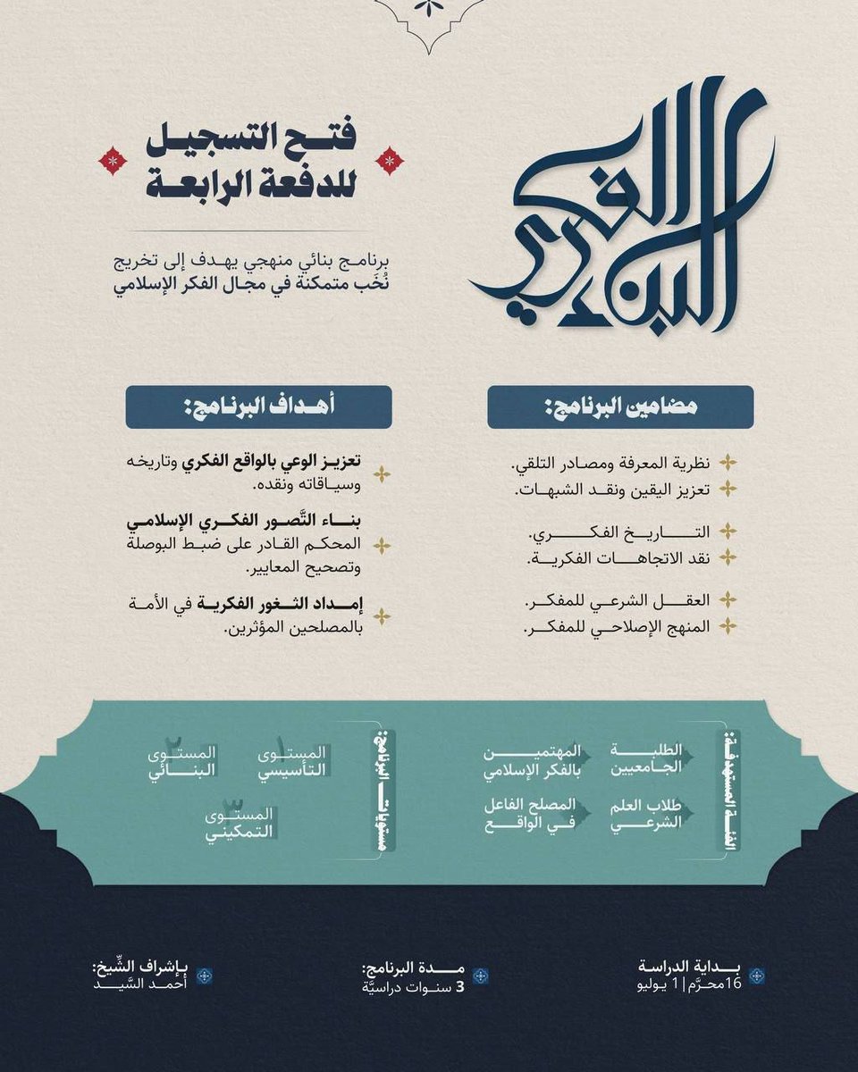 Sharia_Courses's tweet photo. بسم الله الرحمن الرحيم

نزف إليكم بشرى افتتاح التسجيل في الدفعة الرابعة من برنامج البناء الفكري.

وهو برنامج بنائي منهجي يهدف إلى تخريج نُخَب متمكنة في مجال الفكر الإسلامي. 

▫️رابط التسجيل في الموقع:
https://t.co/Mbn4baPHps
▫️آلية التسجيل:
https://t.co/24ZFYt6N1f

#البناء_الفكري https://t.co/rQBFOLlKGq