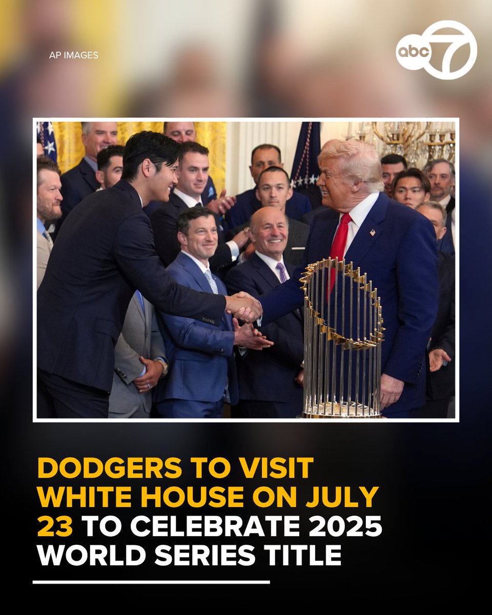 ABC7's tweet photo. The Dodgers are set to visit the White House on July 23 to celebrate the team's 2025 World Series championship, according to a report. President Donald Trump extended an invitation to the Dodgers shortly after the team's World Series victory last year. https://t.co/9fsMU4Z7ID https://t.co/lh02XCRIeW