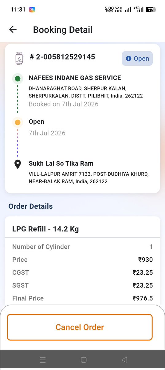 VinayKumar5190's tweet photo. @IOCL_UP @IndianOilcl Consumer number 7467 सुख लाल 
रिफिल आर्डर नंबर 2-005812529145 
आर्डर दिनांक 07-07-2026बिना सिलेंडर दिए आर्डर दिनांक 09-07-2026 को कंप्लीट कर दिया शिकायत करने के बाद आर्डर फिर ओपन कर दिया लेकिन सिलेंडर कब तक मिलेगा यह अभी तक नहीं स्पष्ट किया मो०8218552120 https://t.co/Aqx1aSUIDJ