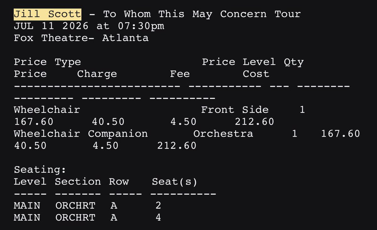 JRACK89's tweet photo. I have two tickets for Jill Scott concert for Sat July 11th at 7PM at Fox theatre! Seats location is the front ROW A SEATS 2 and 4!  The tickets cost $425.20 and she is willing to sell them for $350, please let me know if you are interested! #jillscott https://t.co/IqjChPEw0l