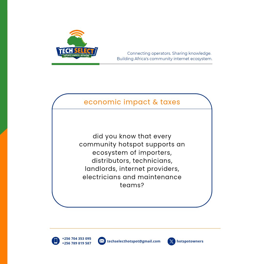 hotspotowners's tweet photo. Did you know that every community hotspot supports an ecosystem of importers, distributors, technicians, landlords, internet providers, electricians and maintenance teams?

@UCC_Official @UCC_ED @Bbossa https://t.co/Yng0t1p1gN
