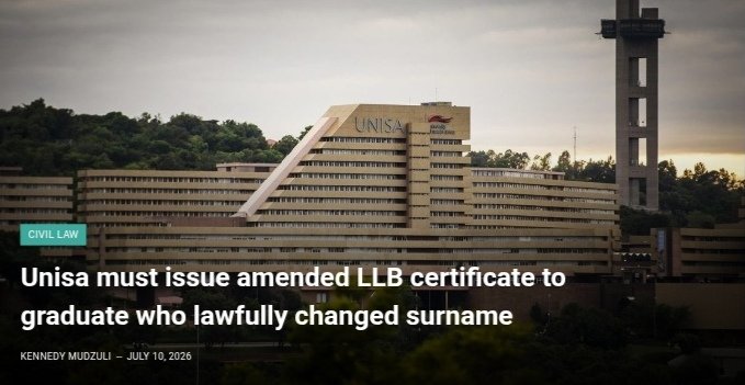 ConvictionZA's tweet photo. What happens when your qualifications no longer match your legal identity? The High Court has provided the answer.
Read more here:
https://t.co/vqiXKjqU7T
#Unisa #LLB #SurnameChange #EducationLaw #HighCourt https://t.co/wKzqjVh7HM