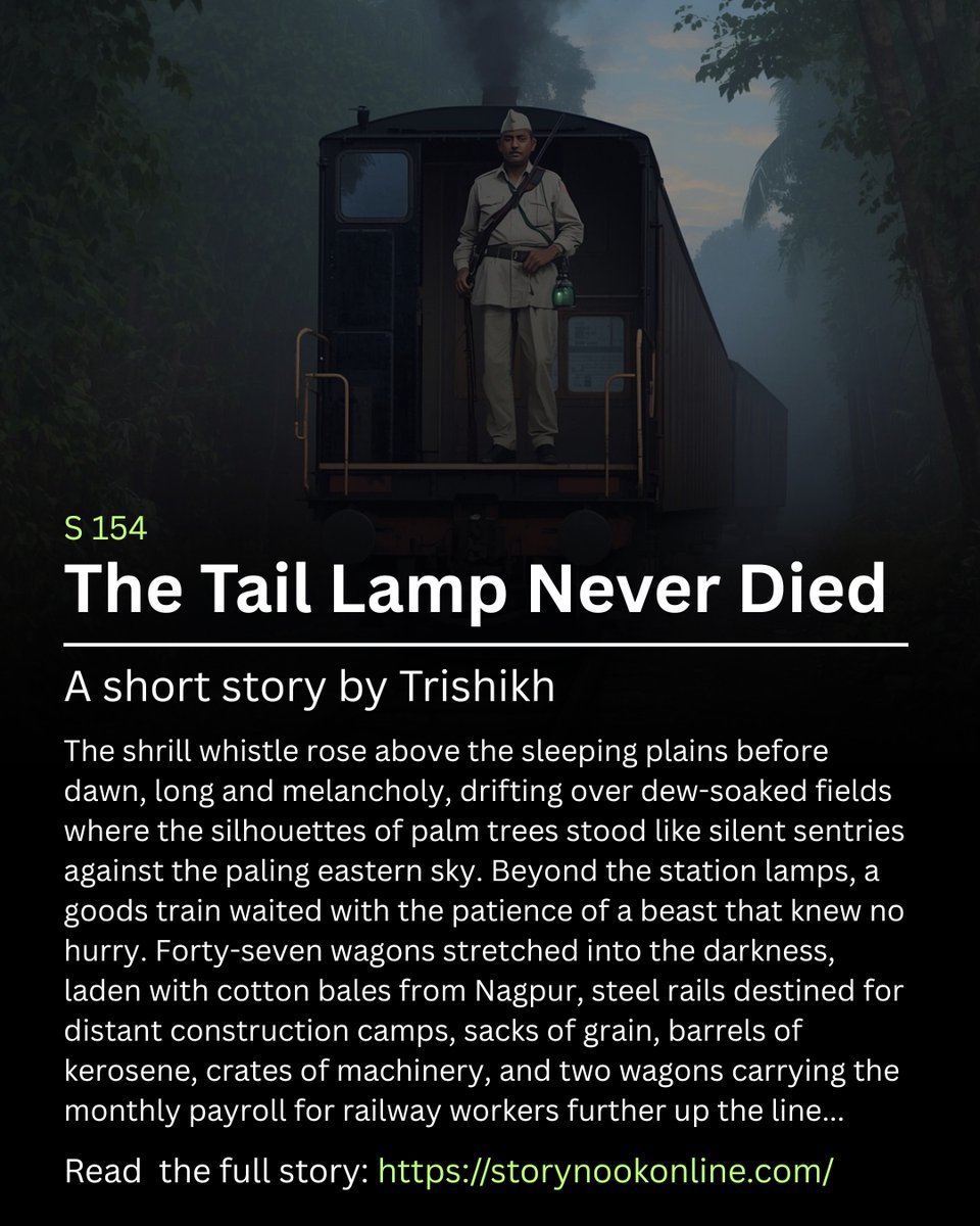 trishikh's tweet photo. One man. One guard's van. Fifteen runaway wagons. In the age of steam, a solitary railway guard stood between disaster and duty with only a Lee-Enfield, a lantern, and his courage. Read now: https://t.co/Es5mCB6qQz

#IndianRailways #HistoricalFiction #ShortStory #StoryNookOnline https://t.co/uGQLMGDM9e