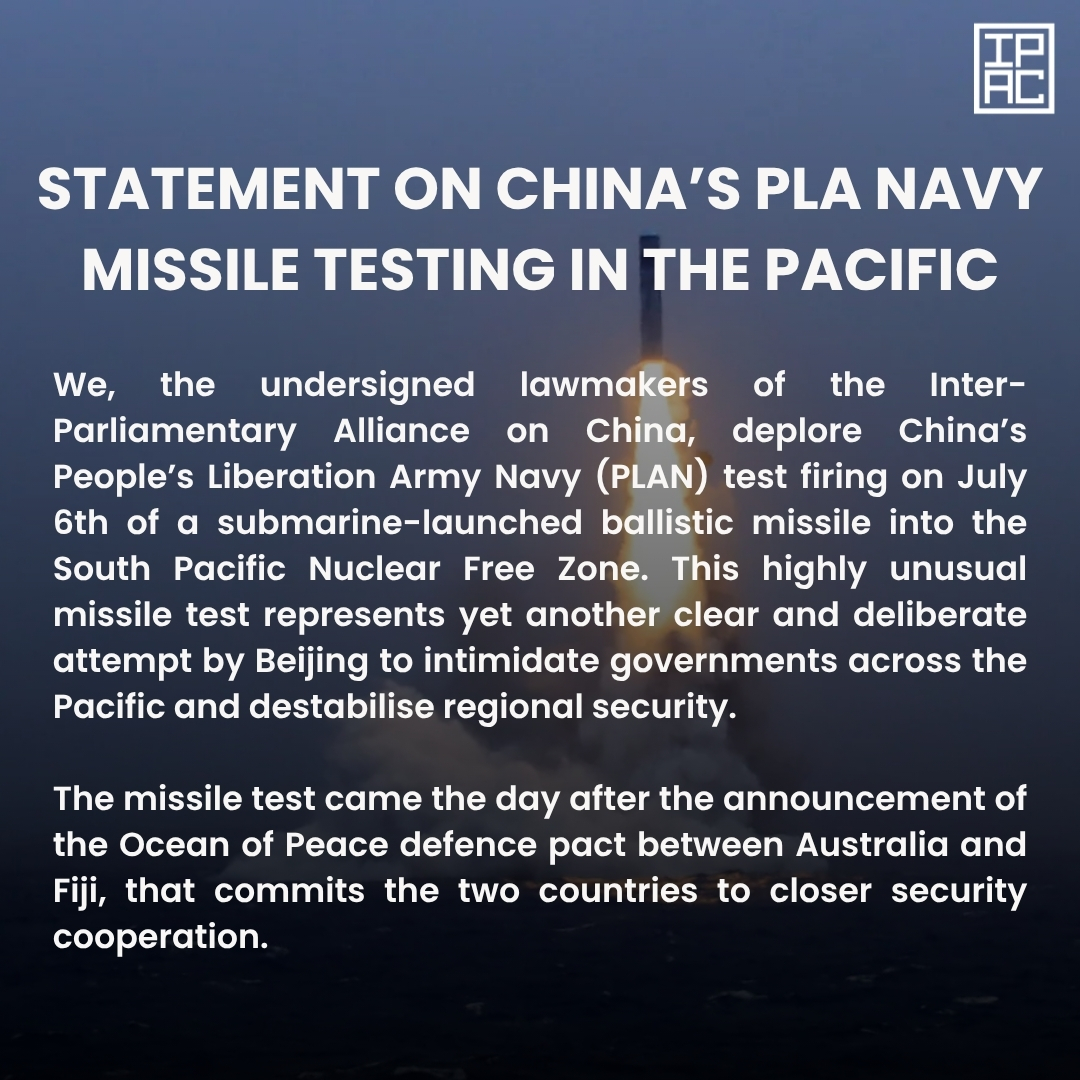 ipacglobal's tweet photo. China’s missile test marks a dangerous escalation in the Pacific, underscoring Beijing's strategy to project power beyond the first island chain and weaponise dependencies for geopolitical coercion.

IPAC members across 24 countries stand united in condemnation: https://t.co/tTEGmoAch7