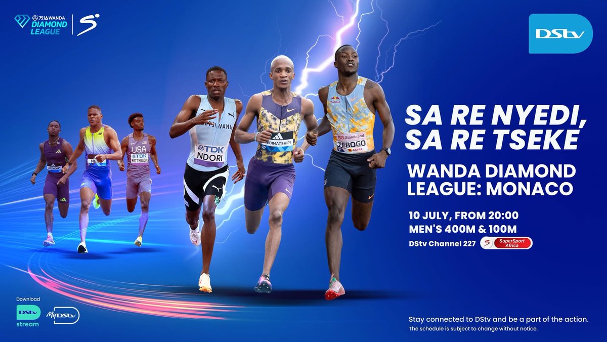 DStvBotswana's tweet photo. Ele rona kgantele resa ngange le ope, ele tlhase hela! ⚡⚡⚡⚡🏃🏃🏃🏃🏃

Re on from 20:00 on DStv Channel 227?

#DStvBw #ReOn #DiamondLeague https://t.co/ilGEuXkHs5