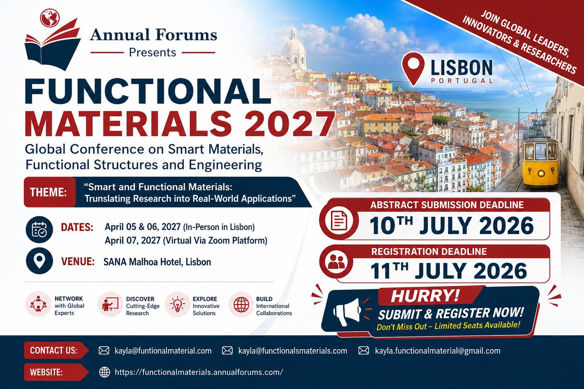 Functional_Mats's tweet photo. Today is the Abstract Submission Deadline (10 July 2026)! Registration closes tomorrow (11 July 2026).
 
Don't miss your opportunity to present your research at Functional Materials 2027 in Lisbon.

For more details: 
https://t.co/1I14o91Yak
#FunctionalMaterials2027 https://t.co/LUjAg1r8JR