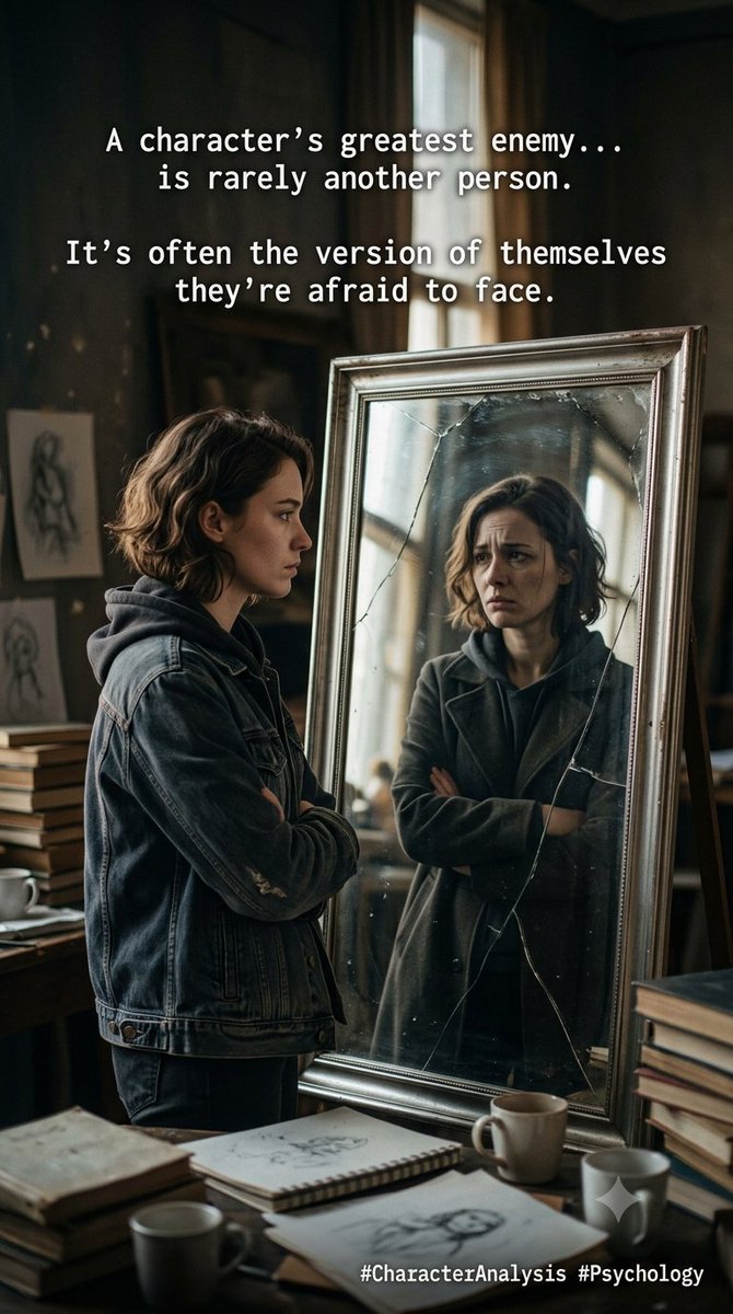 Aathreyaanaga's tweet photo. A character's greatest enemy...

is rarely another person.

It's often the version of themselves they're afraid to face.

#CharacterAnalysis #Psychology https://t.co/JxA8ihzH2Y